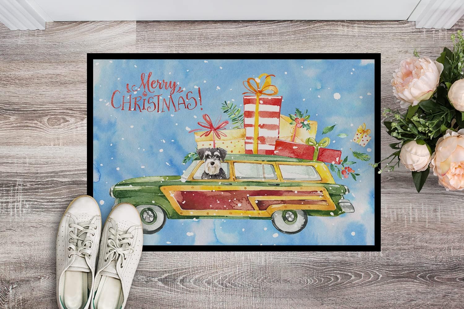 Caroline's Treasures CK2415MAT Merry Christmas Schnauzer Doormat 18x27 Front Door Mat Indoor Outdoor Rugs for Entryway, Non Slip Washable Low Pile, 18H X 27W