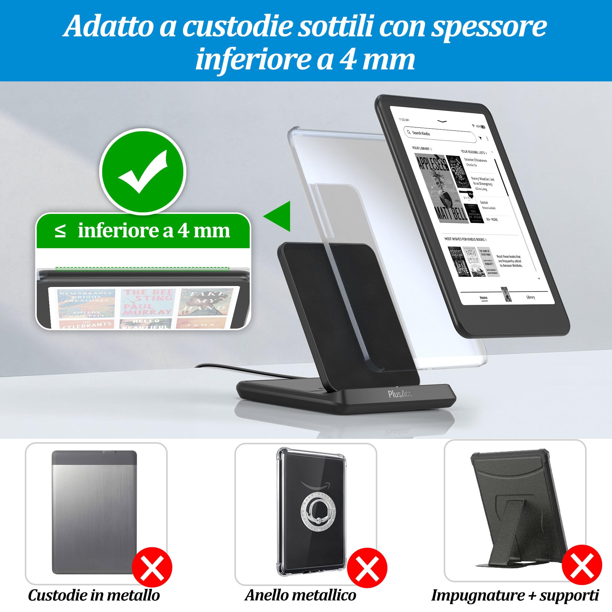 PlusAcc Ricarica Wireless per Kindle Paperwhite Signature Edition (modelli 2022 e 2024) e Colorsoft Signature Edition (32 GB), Supporto di Stazione Pieghevole compatibile con Phone 15 Pro Max