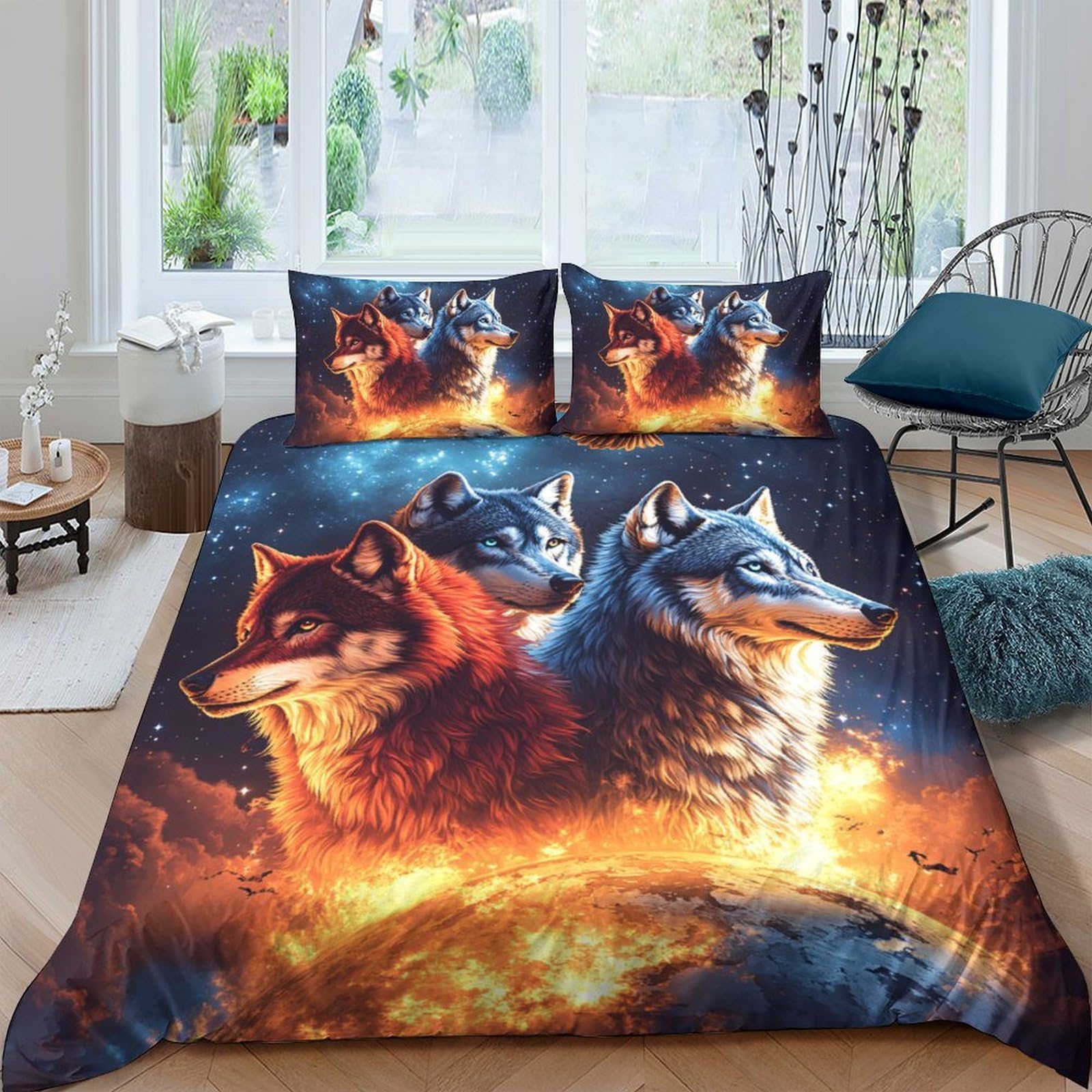 Ctjqhvkz Style-3 3D Printed Fiery Wolf Fitted Sheet Microfiber Soft Breathable Cosmic Forest Mattress Cover For Bedroom Dorm Decor Single（135X200cm）