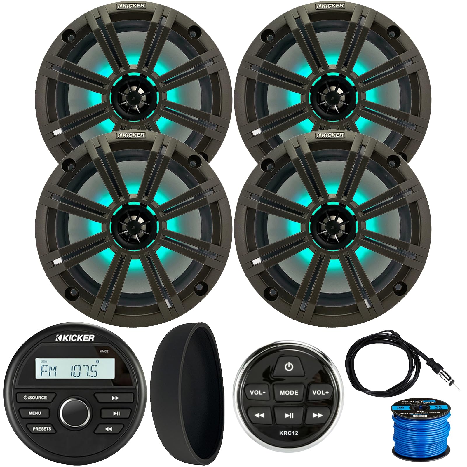 KICKER 46KMC2 Marine Bluetooth All-Weather AM/FM USB/AUX Gauge Style Media Center Receiver W/Black Cover, Remote Control, 4X 8 300W Max Power RGB LED Boat Speakers W/Charcoal Grille, Antenna, Wire