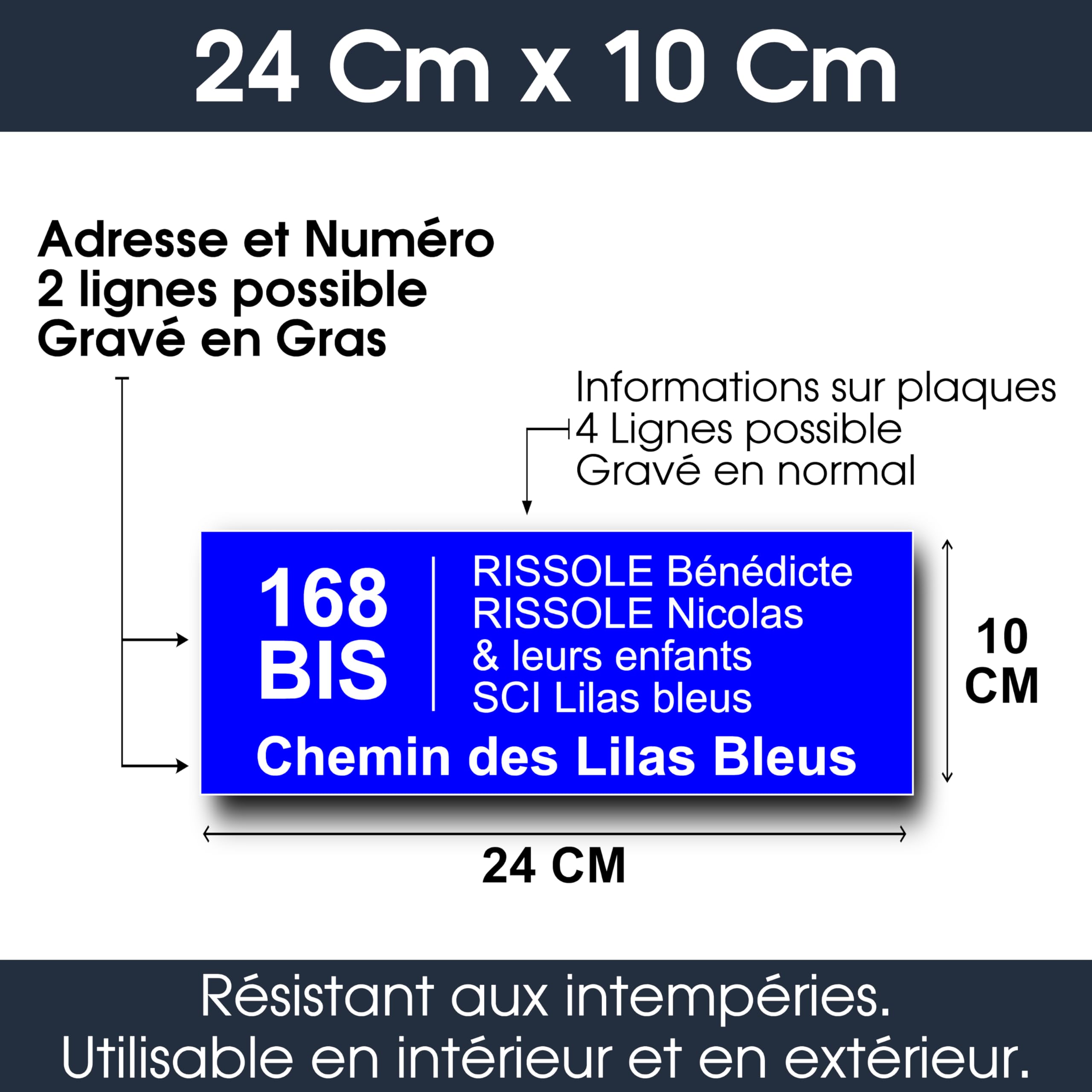 Plaque Boite aux Lettres Personnalisable - 24x10 cm - Numéro de Maison et Adresse - Gravée et Personnalisée - Signalétique Maison, Cabinet, Entreprise, Bureau, Etiquette avec Nom (Bleu)