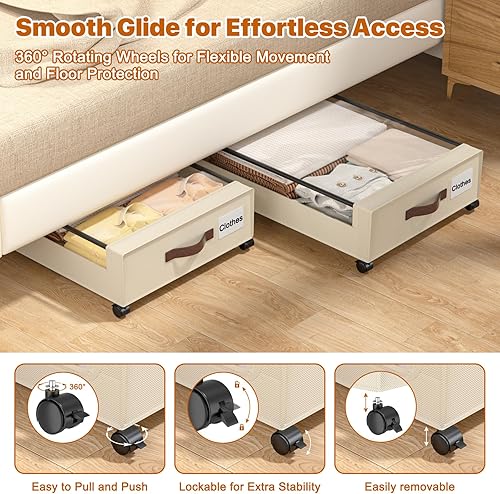 Miniatura 4 de Almacenamiento debajo de la cama con ruedas, XXL 60L debajo de la cama contenedores de almacenamiento con tapas transparentes, cajón de metal