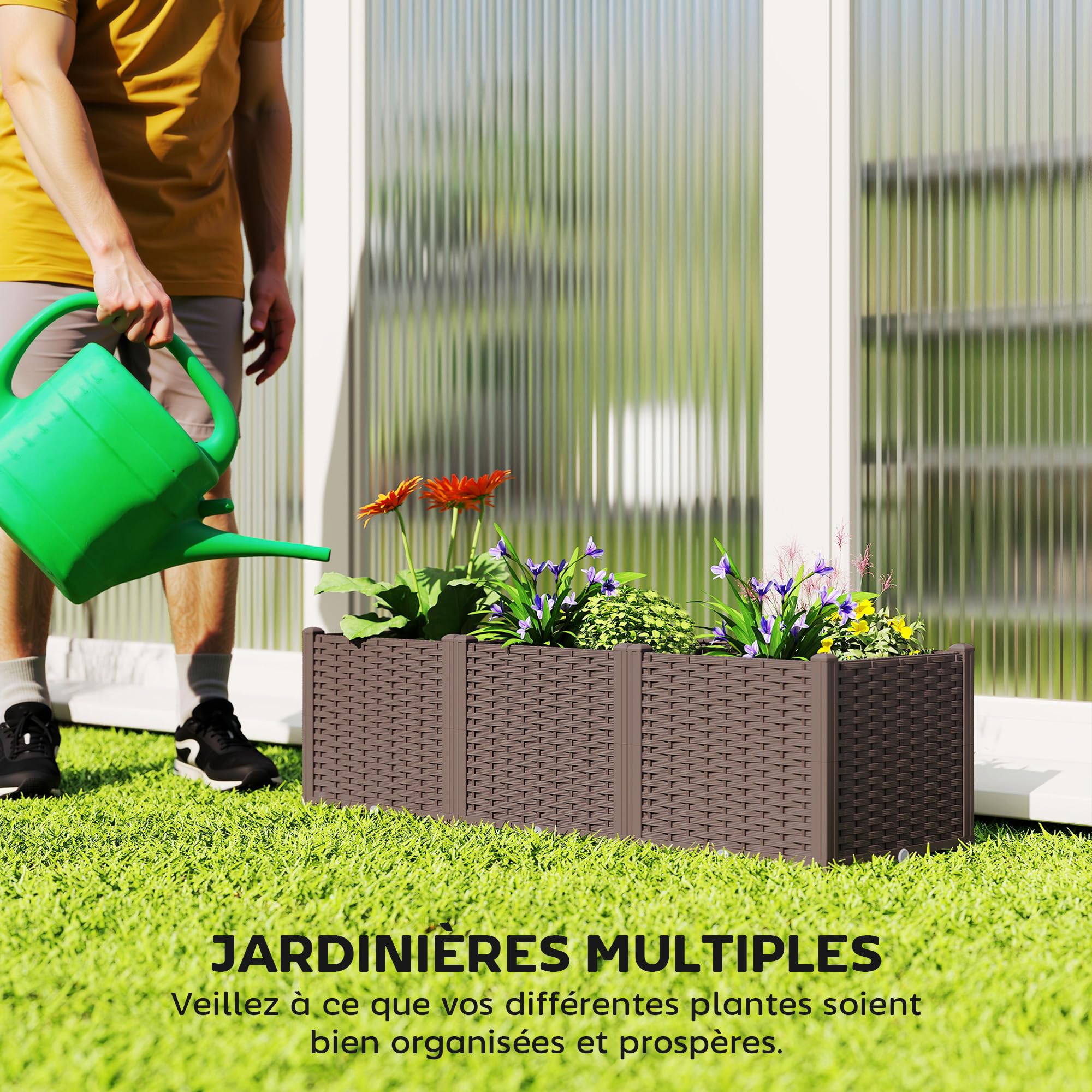 Outsunny Jardinière surélevée, lit de Jardin en Plastique, jardinières Auto-irrigantes avec Trous de Drainage et Bouchons, Montage Facile pour légumes, Fleurs, Herbes, 120 x 40 x 37 cm, Marron