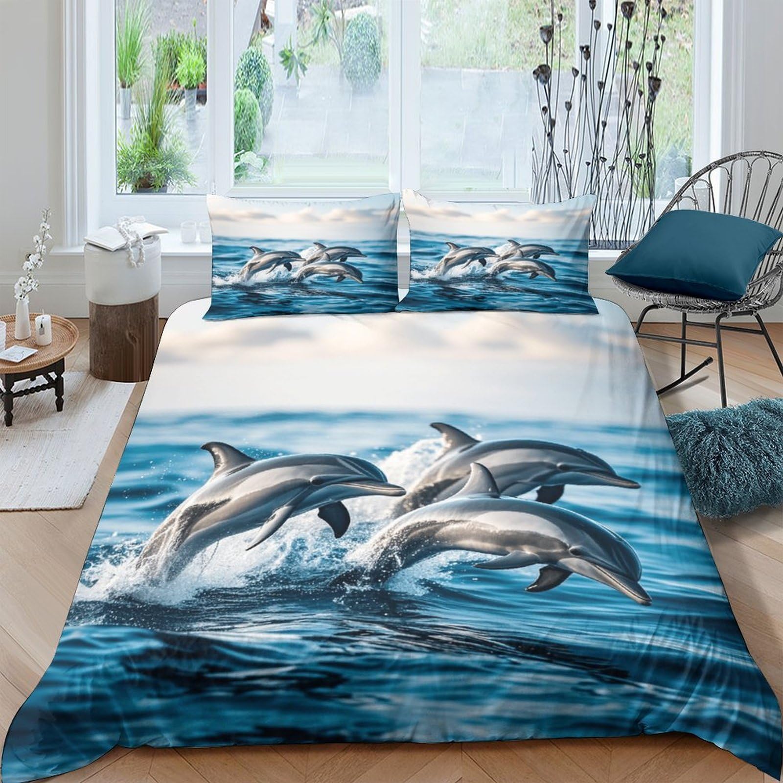 Hipoalergénico Delfines Juego De Ropa De Cama King（220x240cm）, Transpirable Azul Ocean Juego Sábanas De Cama, Microfibra Funda De Edredón Ultra Suave Y Ligero