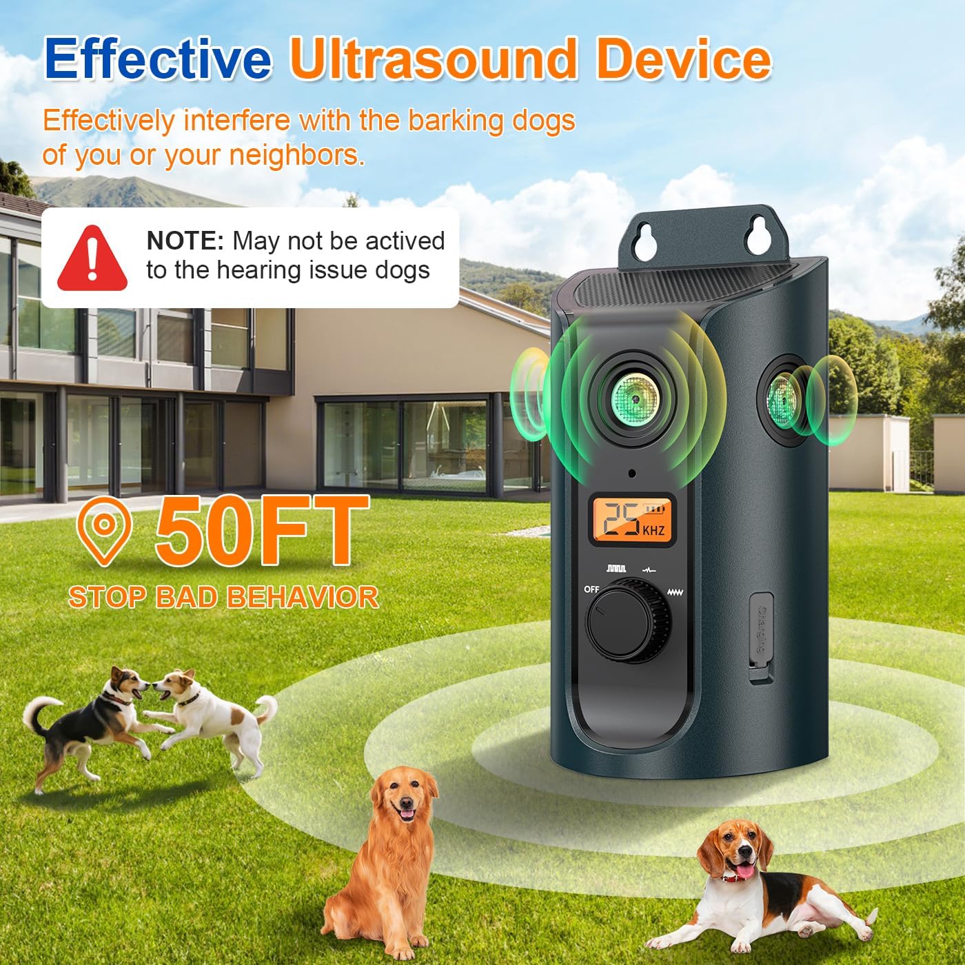Ultrasonic Anti Barking Device for Dogs, Dog Bark Alarm Deterrent Devices with Solar & USB Charging, 3 Modes Dog Barking Silencer up to 50 FT, Stop Dog Barking Control Device, Bark Box
