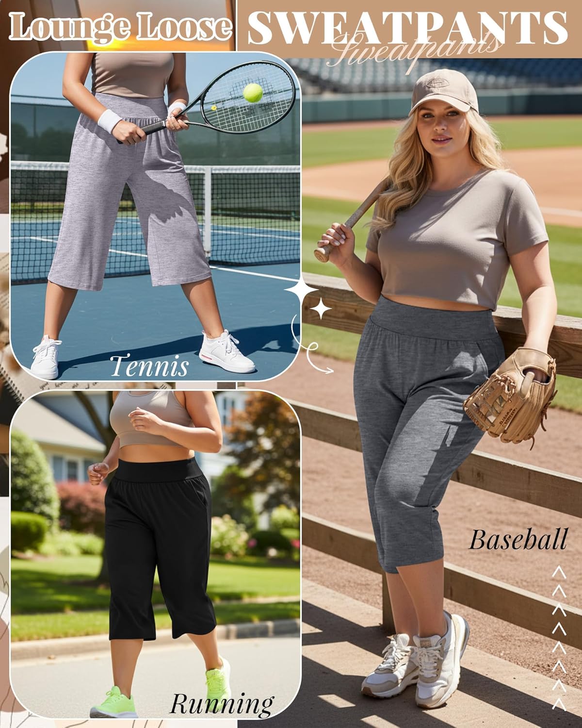 Neer 3 Pack Women's Plus Size Capri Pants, Wide Legs Elastic Waist Capris with Pockets Lounge Loose Sweatpants