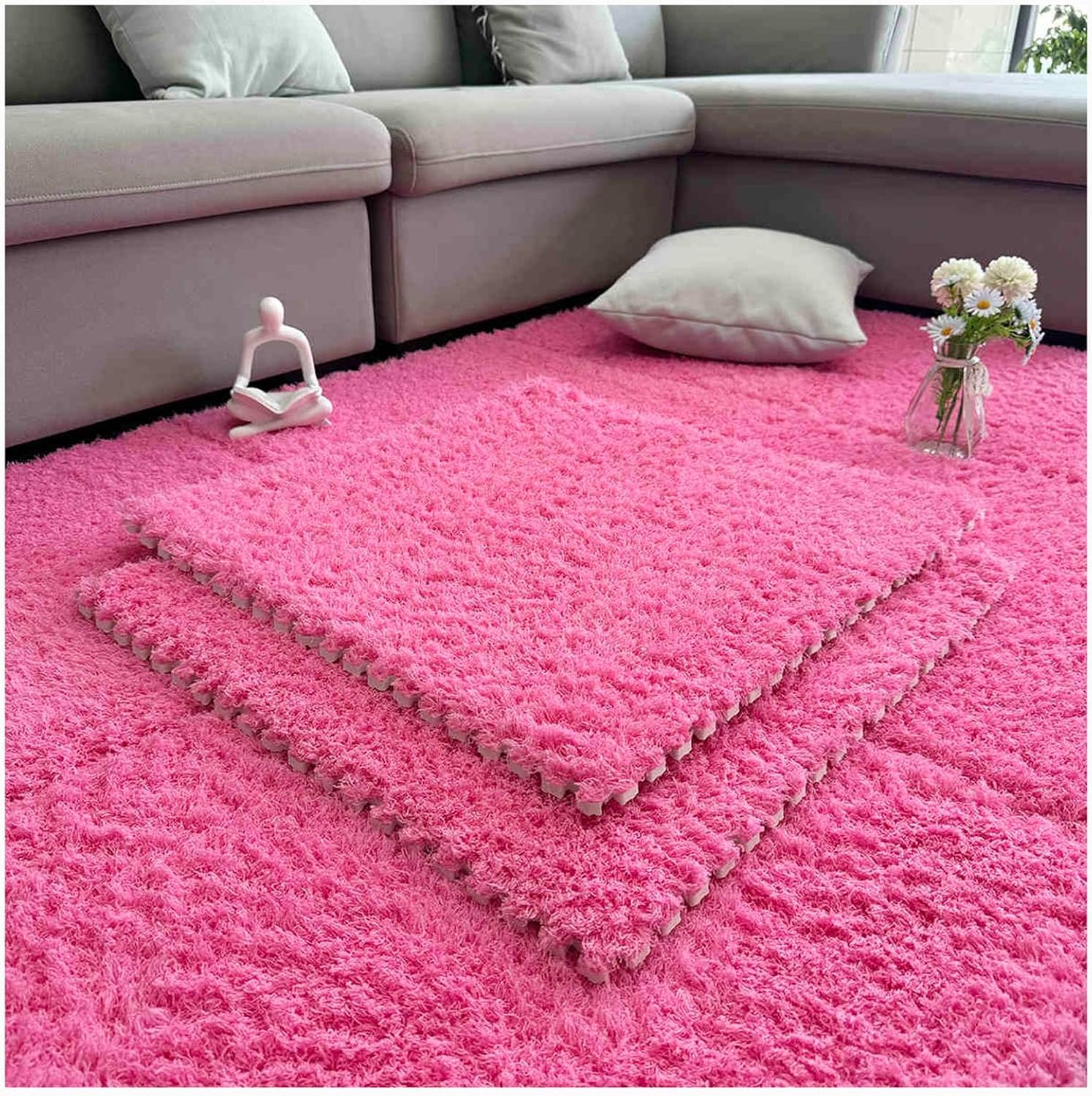 10 STÜCKE Puzzle-Fußmatten Plüsch ineinander greifende Schaumstoffmatten mit Rand 60x60 cm Große Flauschige Bodenfliesen(Rose Red)