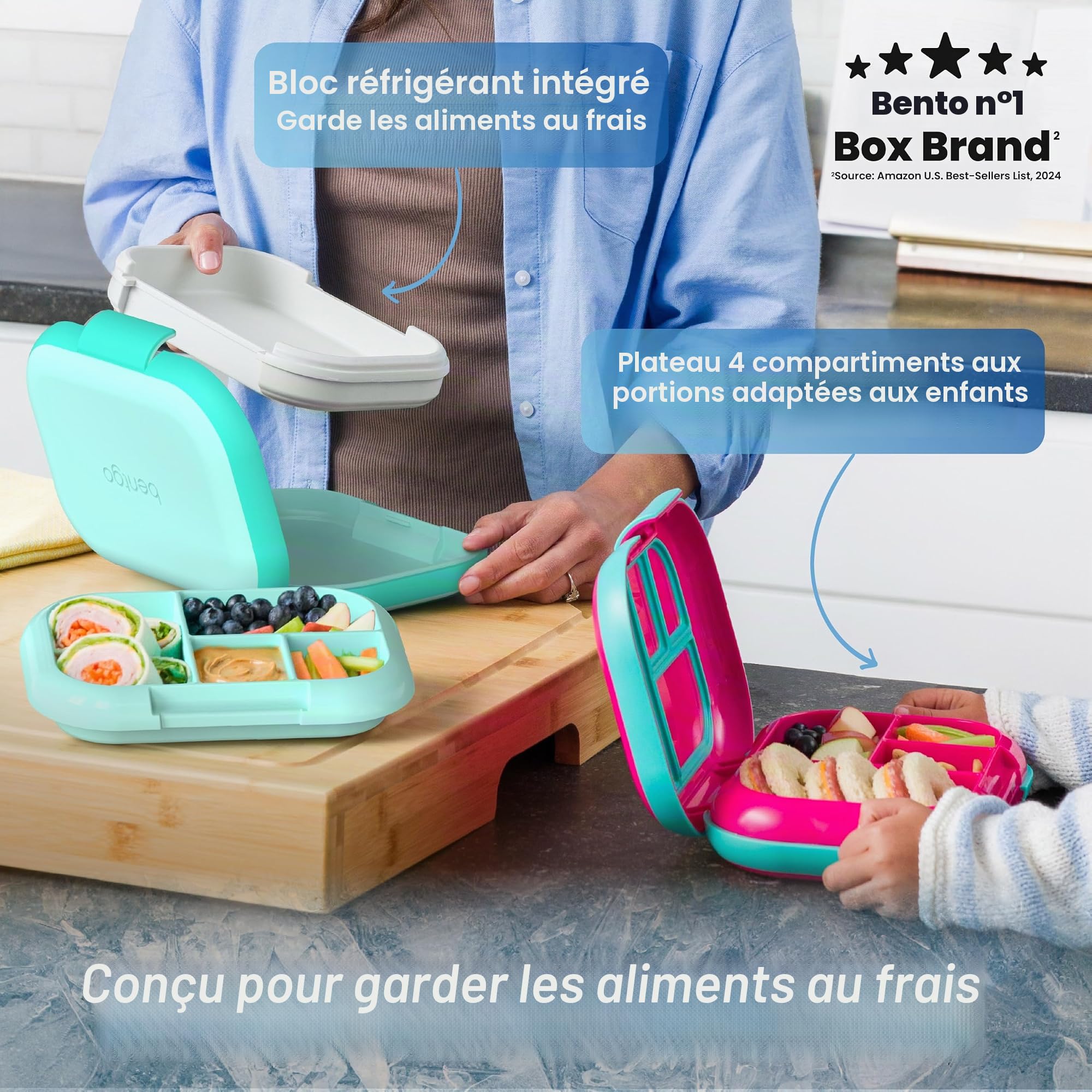 Bentgo Chill Boîte à déjeuner étanche pour enfants – Boîte à bento 4-compartiments avec poche de glace, 3,3 tasses, sans PFAS et BPA, passe au micro-ondes et lave-vaisselle
