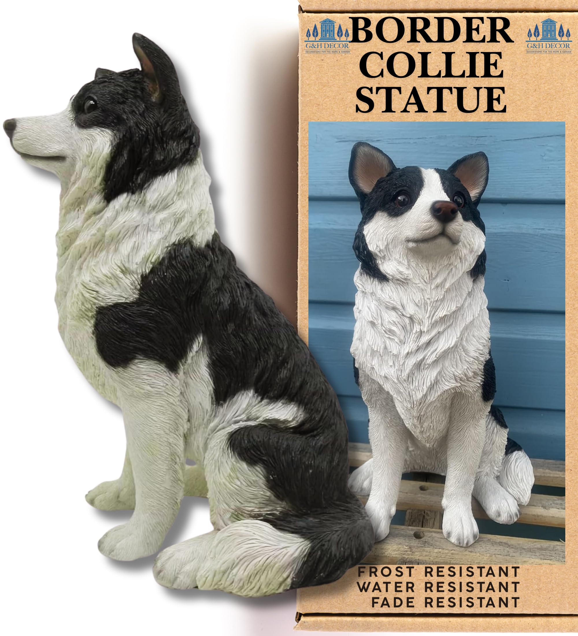 G&H Decor - 29.5cm Border Collie Dog Resin Statue - Hand Painted Figurine - Suitable for Indoor or Outdoor Use - Weather Resistant Realistic Sheepdog Ornament for Garden - Sheep Dog Ornaments for Lawn