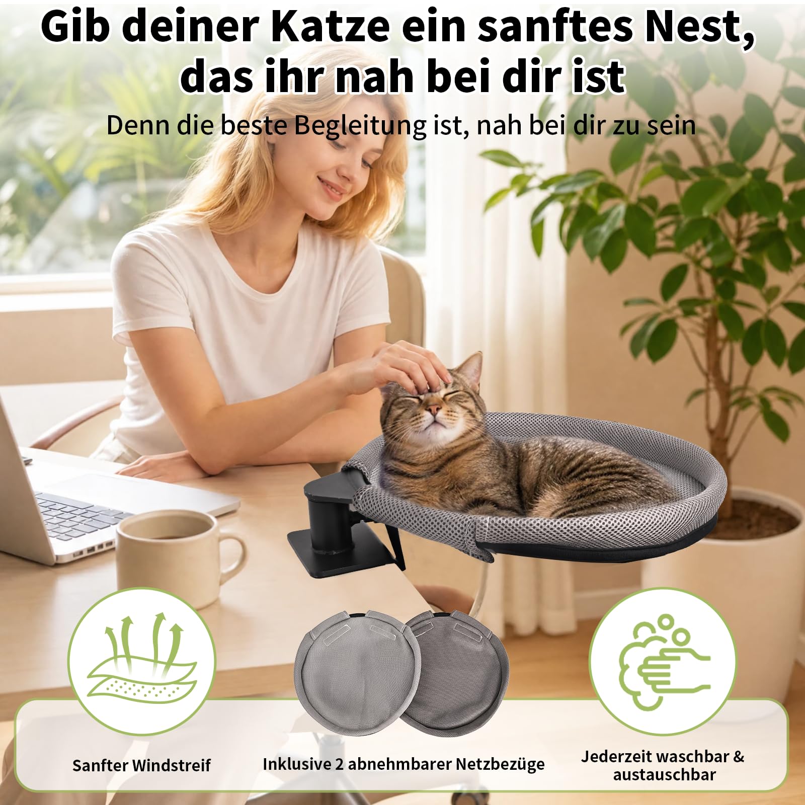 Katzenbett für Schreibtisch Katzenkorb 360° Drehbar, Katzen Schreibtisch Bett bis zu 20KG, Doppelte Befestigung Katzenhängematte, Katzen Liegeplatz mit 2 Abnehmbar Bezügen für Home, Office