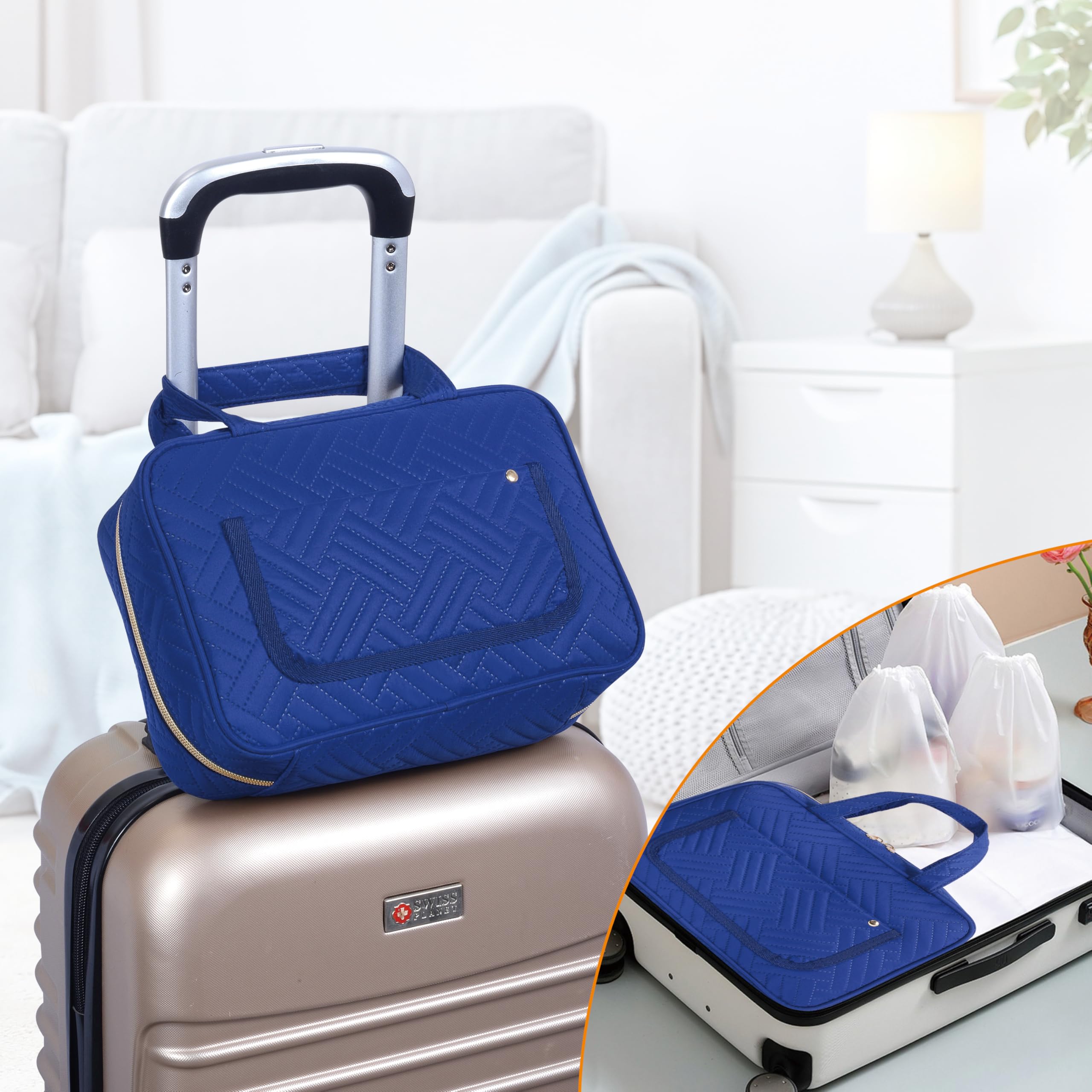 Neceser colgante para mujer, neceser cosmético, bolsa de viaje, color azul | Con ganchos, múltiples compartimentos, almacenamiento transparente para accesorios de maquillaje, viajes, gimnasio, natación