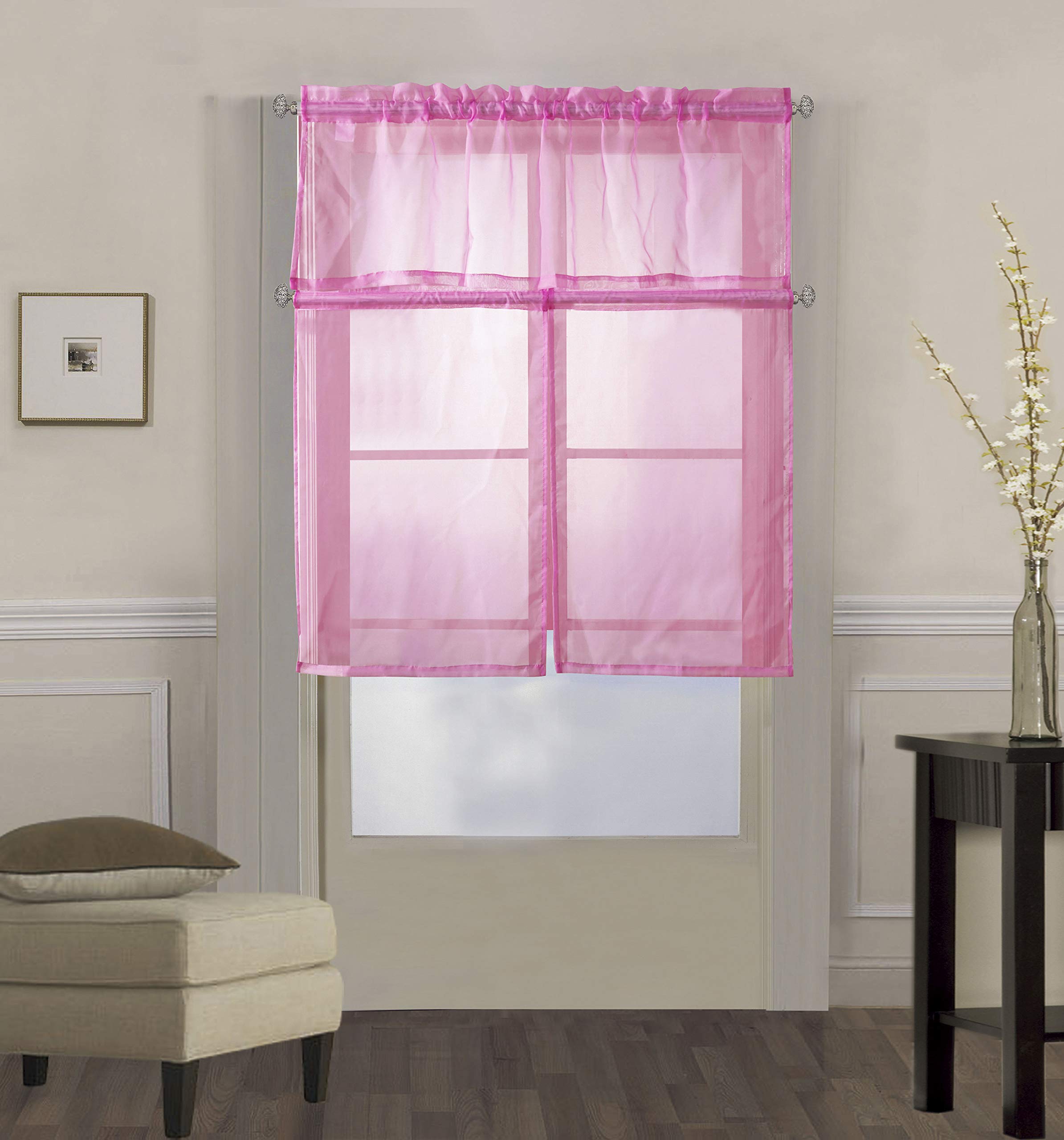 Decotex 3 Piece Solid Sheer Voile Kitchen Window Curtain Tier & Valance Set (36