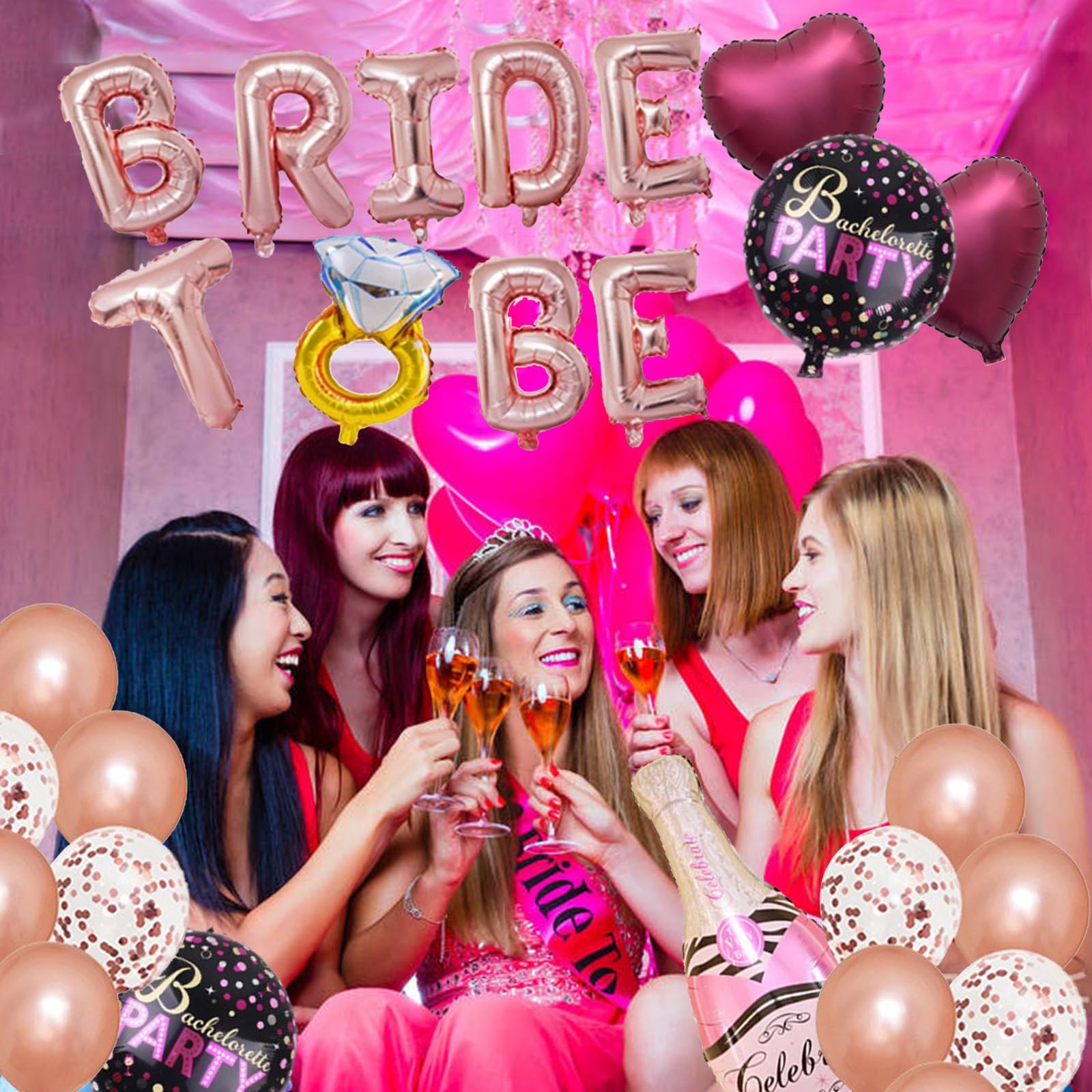 Kit Decorazione Addio Nubilato - Palloncini Lettere BRIDE TO BE Oro Rosa, Cuori, Champagne E Coriandoli - Set Completo Festa - Foto 12