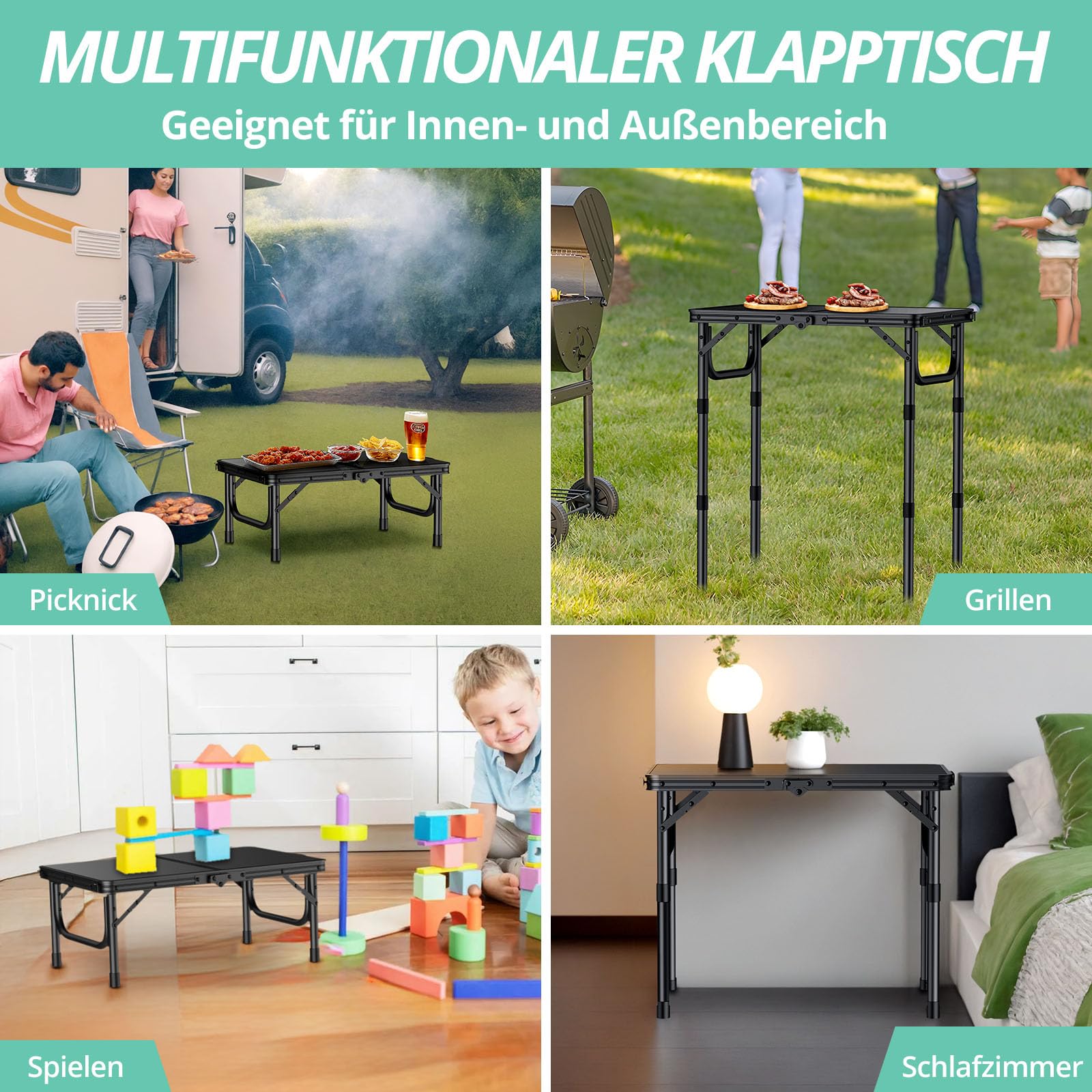 VINTEAM Campingtisch, 3-Fach höhenverstellbar, Leichter klappbarer Picknicktisch mit MDF-Platte, tragbarer Tisch für Grillabende, Picknicks, tragbarer Outdoor-Tisch, Kleiner Klapptisch - 58x40 cm