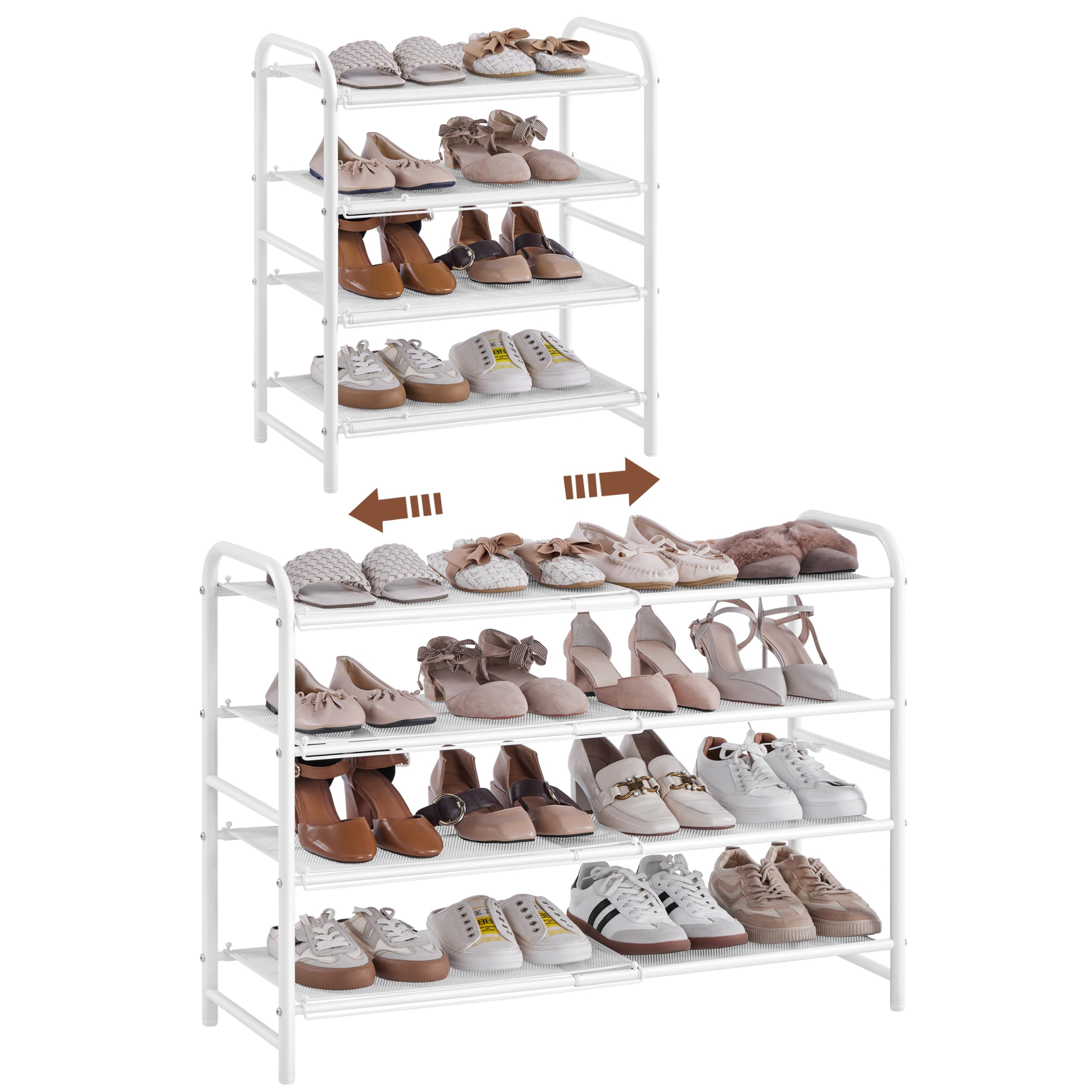 Yaheetech Zapatero Extensible, Estante Zapatos de Malla Metálica de 4 Niveles, Organizador de Zapatos para Entrada, Armario y Pasillo, Ajustable 50-84,5 cm, Capacidad para 15-20 Pares (Blanco)