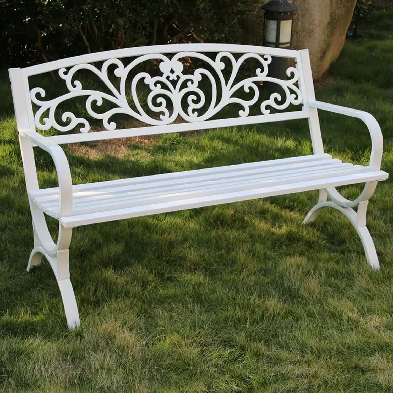 Outdoor Steel Garden Bench Park Seat Chair, Metal Patio Bench with Backrest and Armrests, Park Bench ,Load Capacity 300kg / 661lb, for Entryway, Porch, Backyard, Lawn, Porch Bench ( Color : B White )