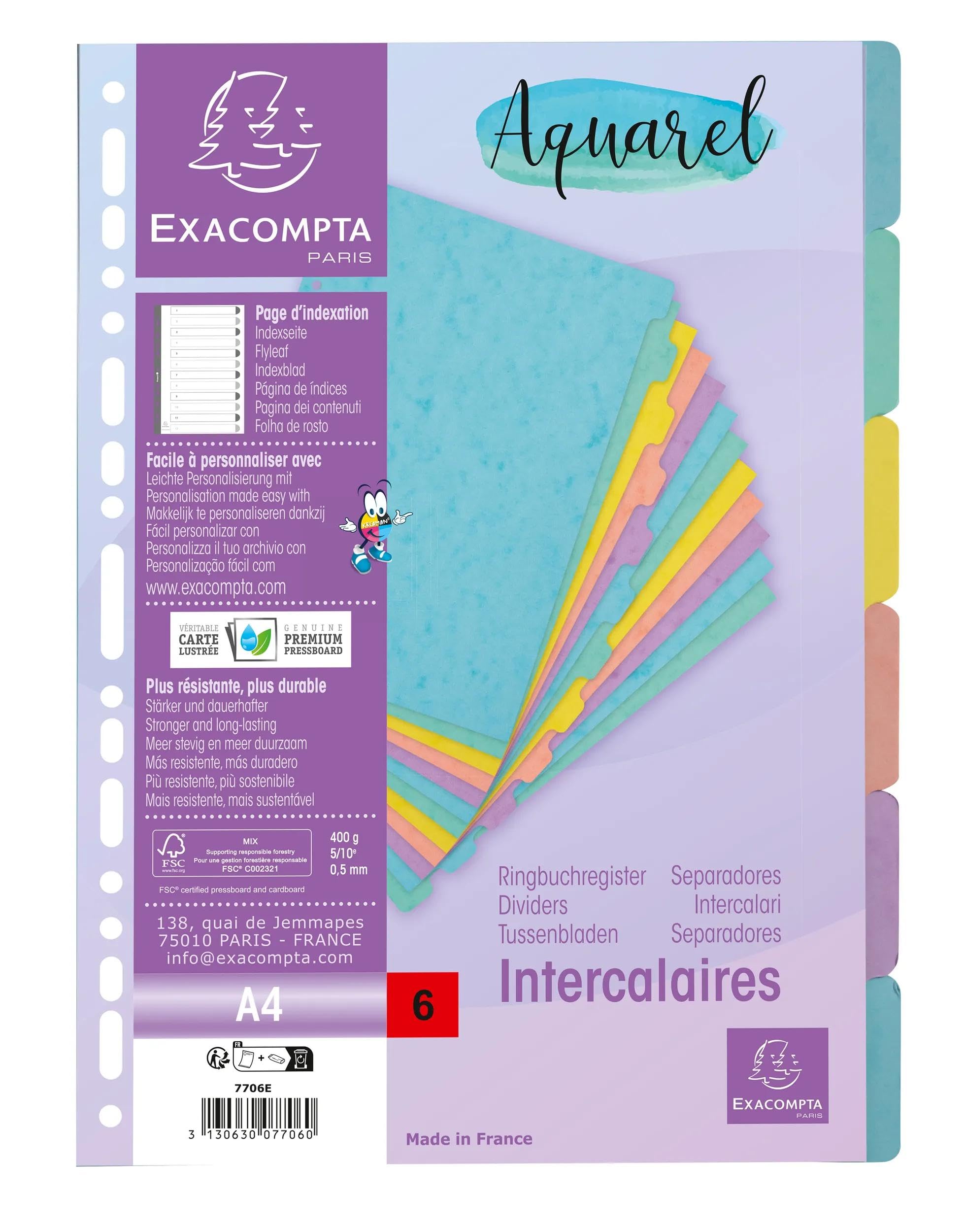 Exacompta - Ref. 7706E – Karton mit 25 Registern Aquarel – aus glänzendem 400 g/m² Karton – 6 neutrale Register – Format zum Einordnen A4 – Indexseite im Lieferumfang enthalten – FSC-zertifiziert