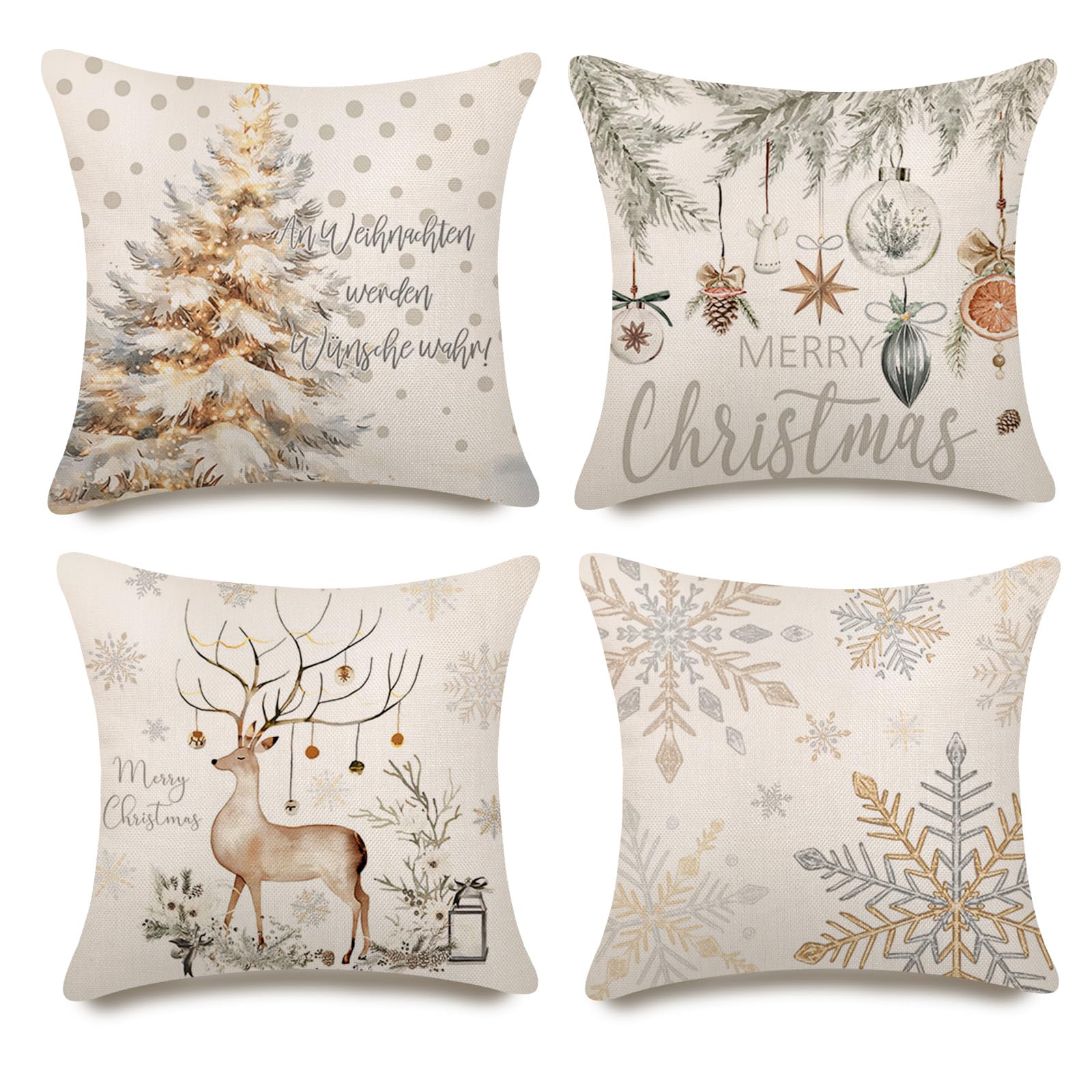 Housses De Coussin Noël Lot De 4 - Motif Cerf, Flocons - Taille 40x40 Cm - Lin De Qualité - Fermeture éclair - Décoration Salon, Chambre