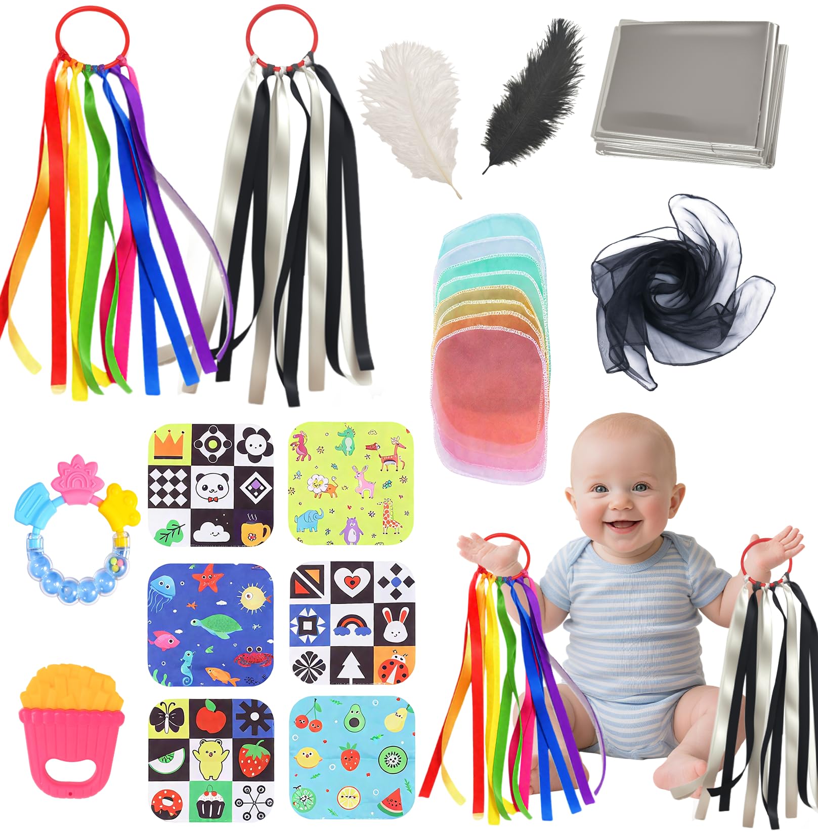 19Pcs Sensory Toys for Babies, Baby Sensory Cards, Sensory Foil Blanket, Feather, Crinkle Toys, Baby Sensory Scarf, Teething Gum, Good Gift