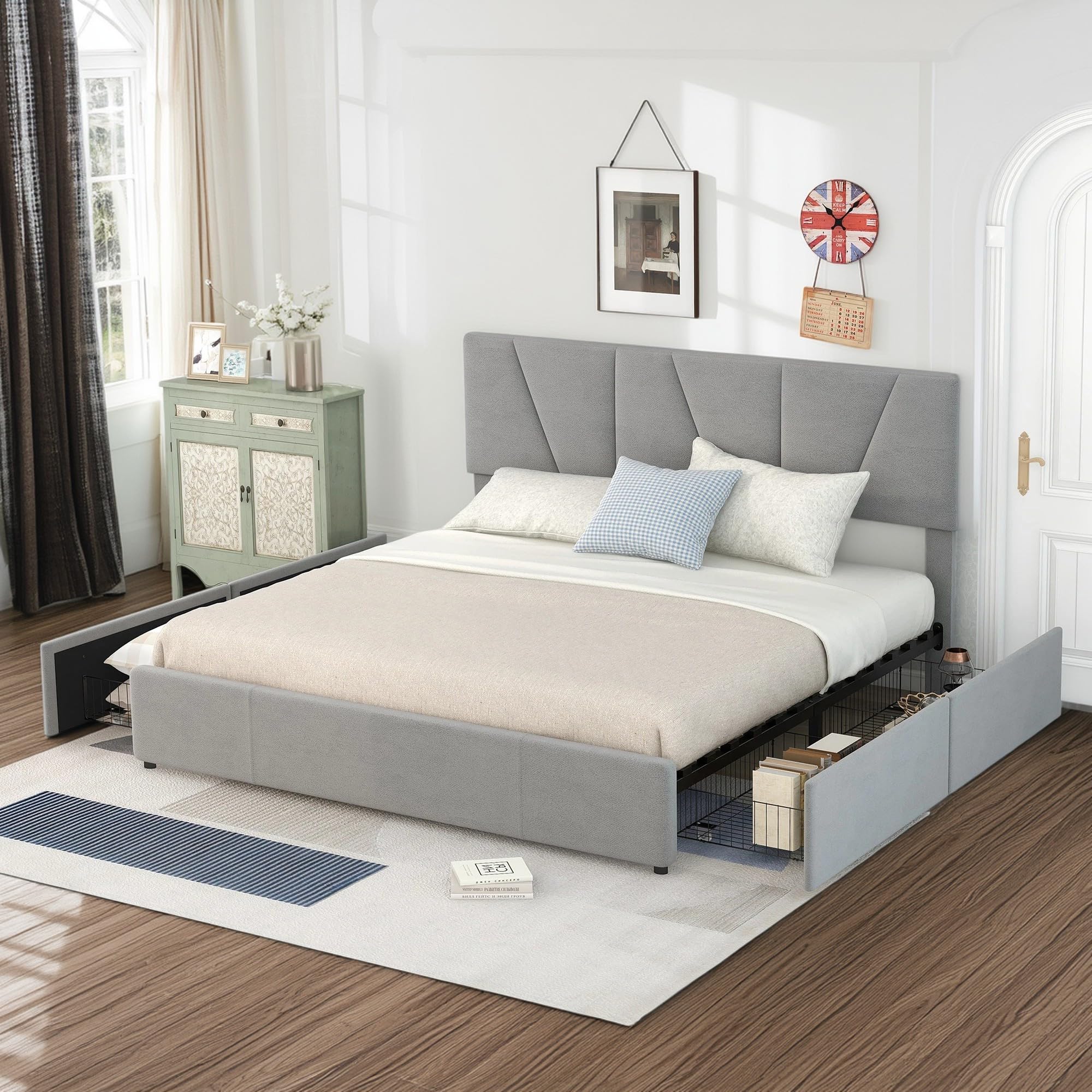 Cama de Matrimonio tapizada, Plataforma con 4 cajones en 2 Lados, cabecero Ajustable, no Necesita somier (160 * 200cm-gris)