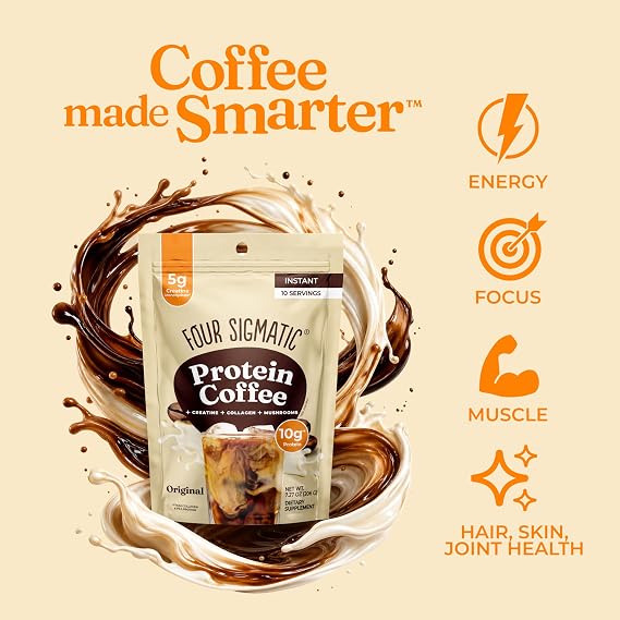 Four Sigmatic Protein Coffee + Creatine | Instant Mushroom Coffee | 10 Servings | Collagen, Lion's Mane, Organic Arabica | 10g Protein, 5g Creatine Monohydrate | Dairy Free, Gluten Free