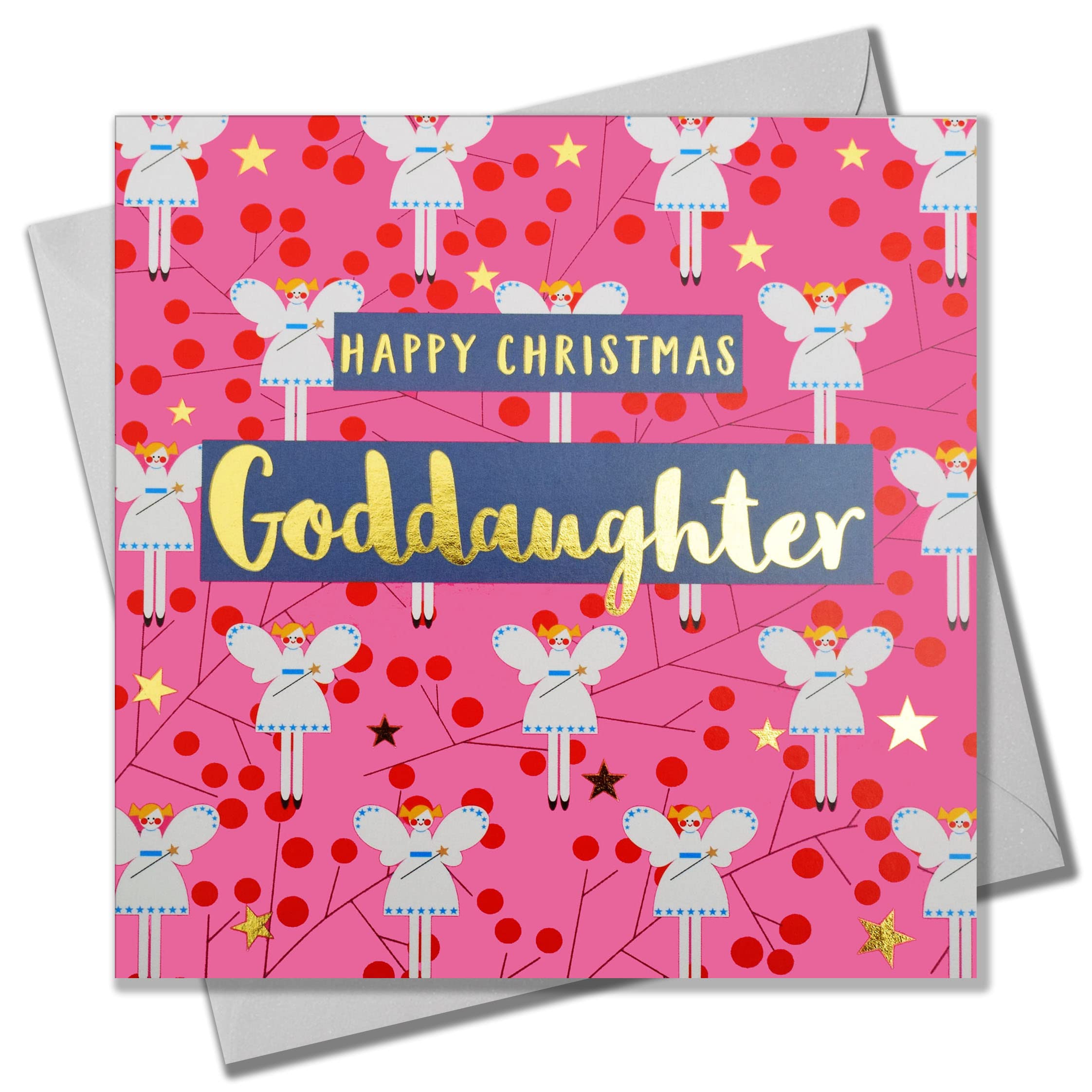 Claire Giles Greeting Cards, Happy Christmas Goddaughter Card, Fairies on Pink design xmas Greeting Card, Text Foiled in Shiny Gold