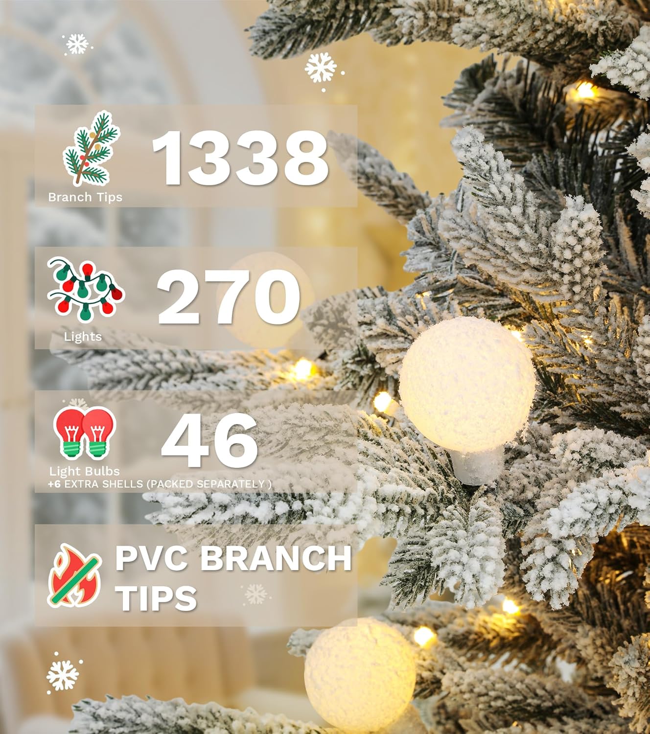 DWVO 7.5ft Prelit Flocked Aspen Fir Christmas Tree with Bulbs and Lights, Full Artificial Xmas Tree with 1734 Metal Hinged PE & PVC Flame Resistant Branches, 58 Bulbs and 350 Lights Remote Controlled