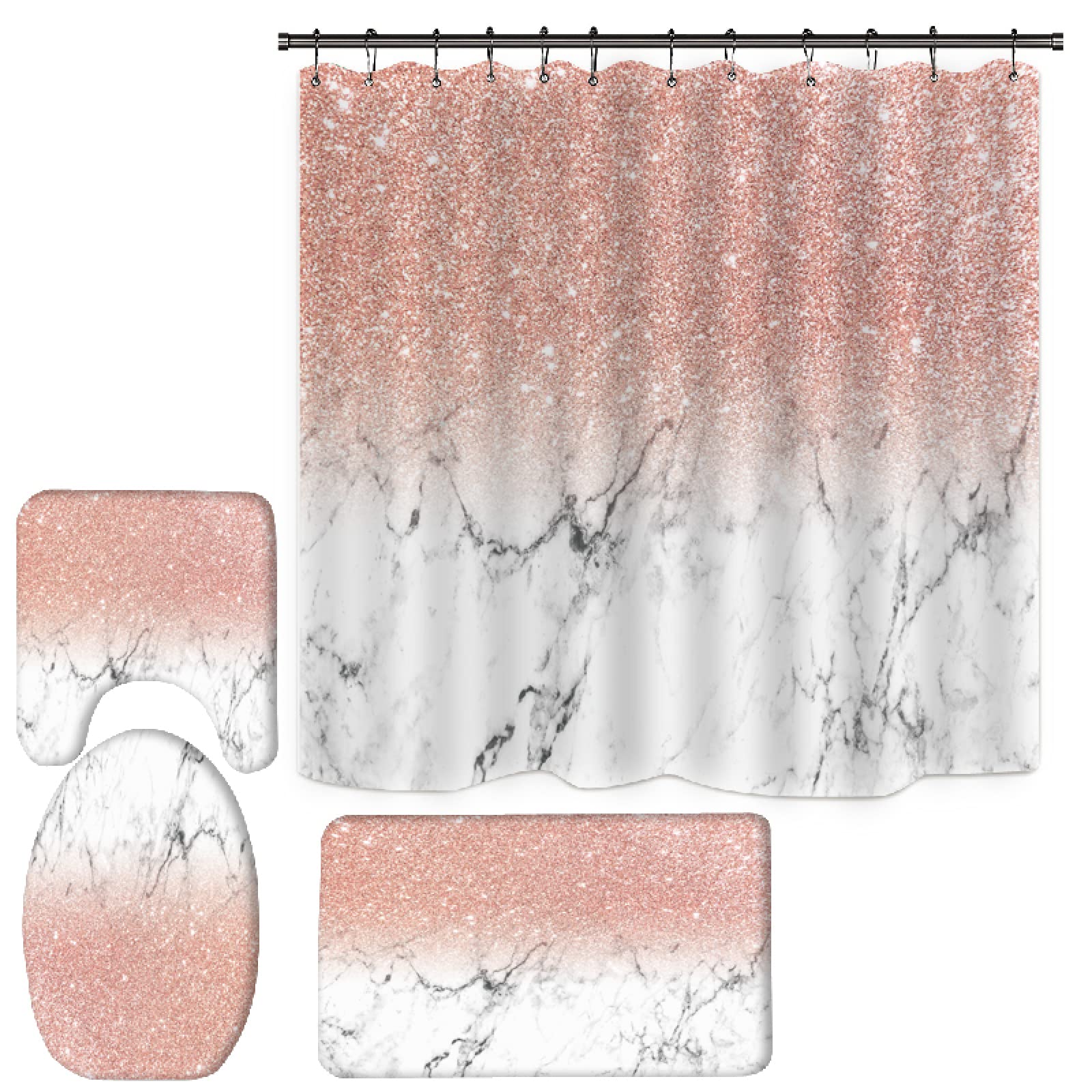 Bath Mat Rose Gold Marble Bathroom Mat 3-Piece Set Washable, Soft U Door Mats Indoor+Door Mat Non Slip Shaped Rug Absorb Water(50x80)+Fast Dry Toilet Mat