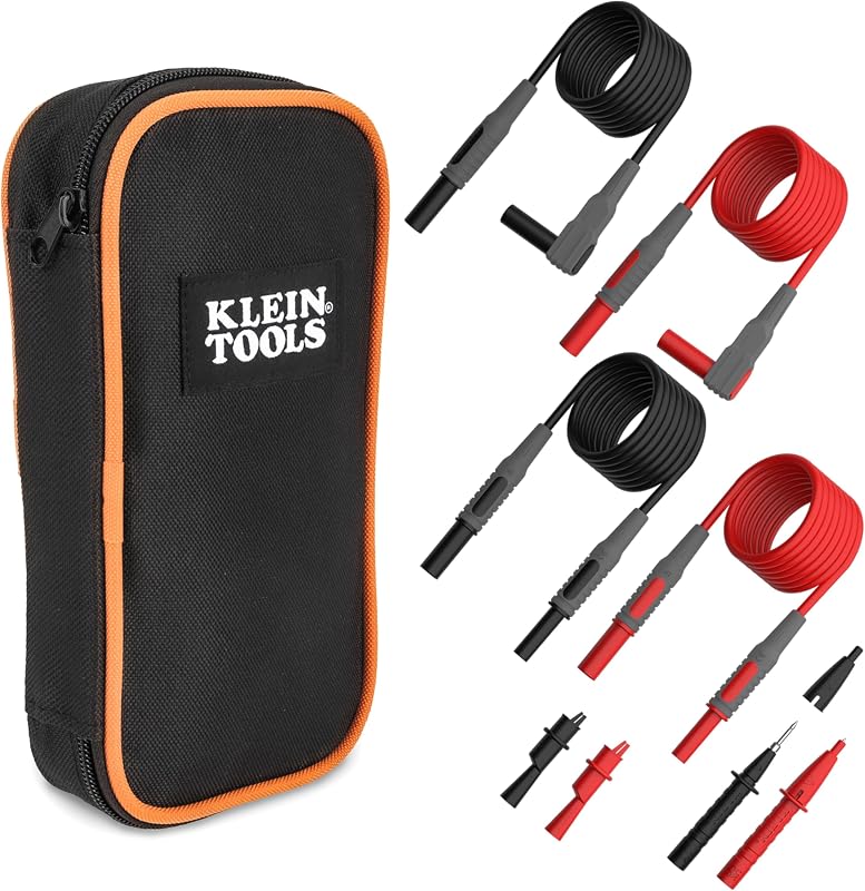 Klein Tools 69483 Meter Test Leads Accessory Kit with (2) Right-Angle, (2) Extenders, (2) Lead Heads, (2) Alligator Clips, and Case