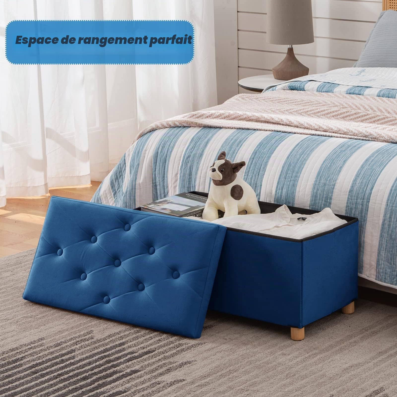 BRIAN & DANY Pouf Rangement Pliable, Banc de Rangement avec Couvercle, Tabouret Coffre en Velours Repose-Pieds pour Salon Chambre Entrée, 76 x 38 x 38 cm, Bleu