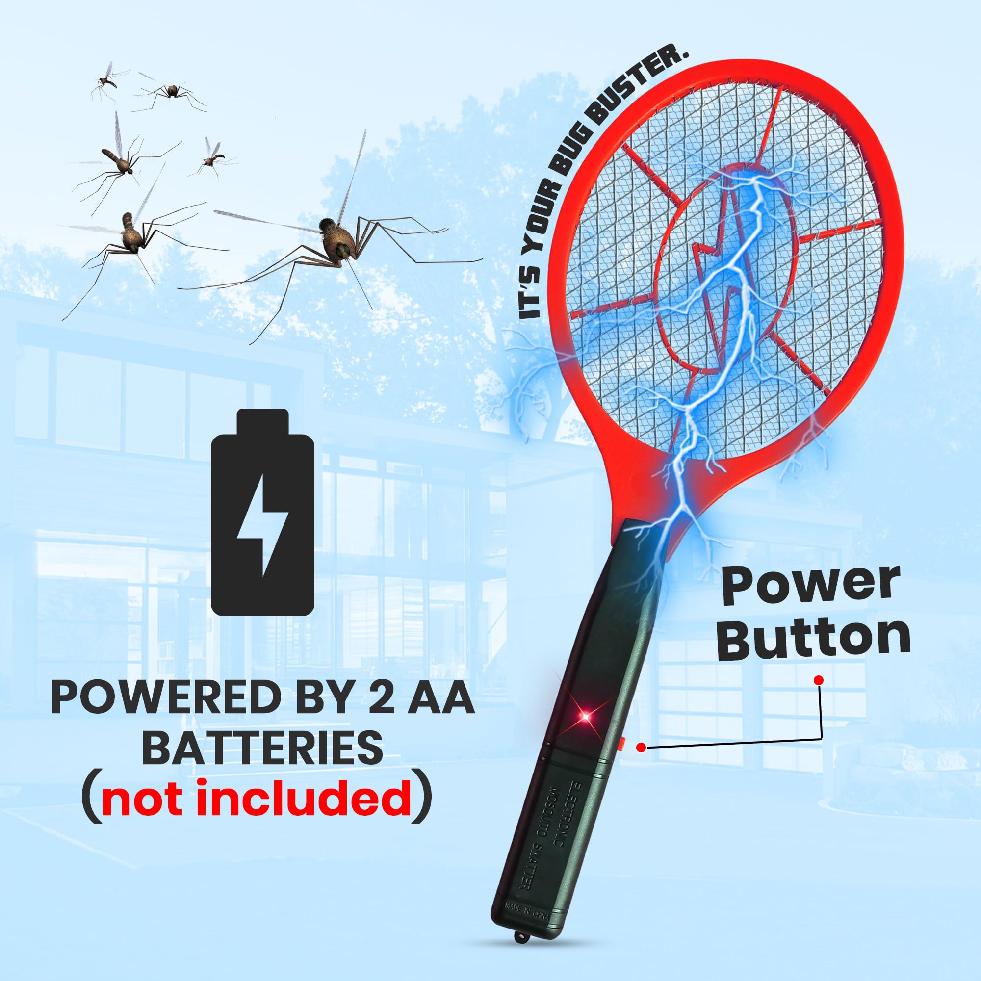 Matamoscas eléctrico, paquete de 2 – 3000 V eléctrico de rejilla matamoscas con malla de seguridad, mosquitos de mano y matamoscas para uso en interiores y exteriores, requiere pilas AA (no