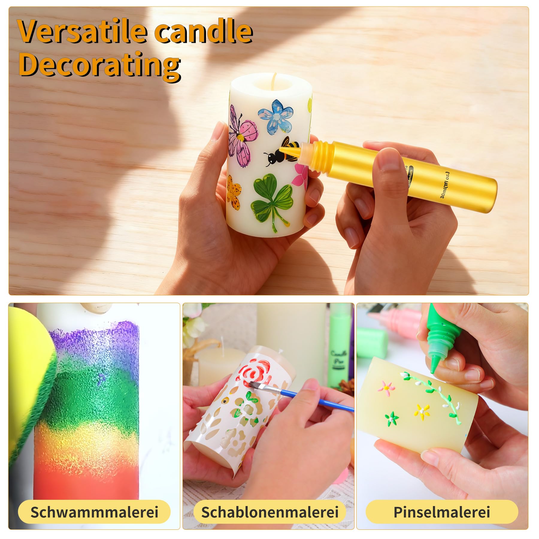 YAOBLUESEA Set di penne candela 12pcs 30ML Set di pittura a candela 3 Pennelli 1 Spugna 2 Adesivi Regalo Candela DIY 4 Effetti di Colore Regalo di Compleanno di Natale Decorazione per la casa