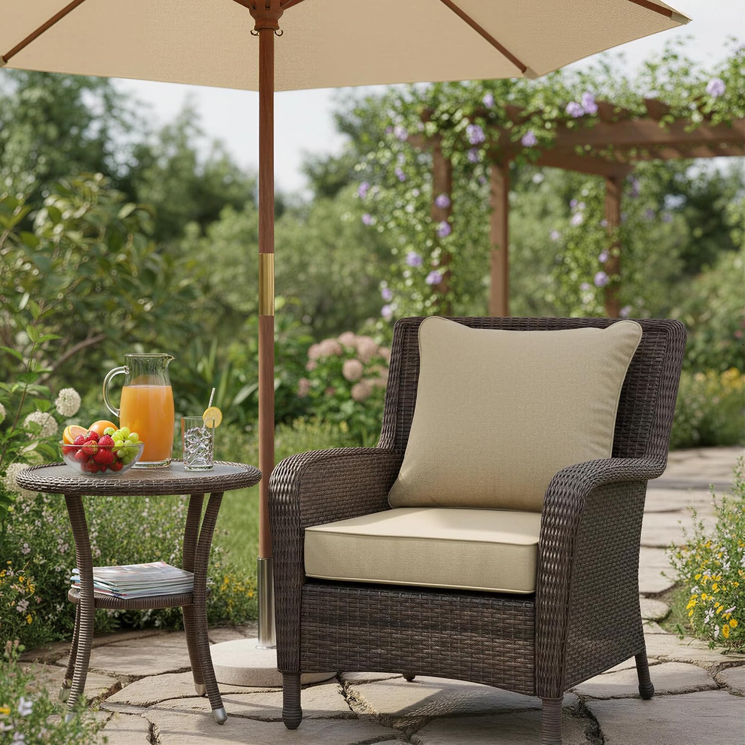 summsun outdoor chair cushions 22 x 22 inch, faux linen patio furniture cushions, water resistant backrest and deep seat cushion set with straps, removable cover, non-slip bottom, nature nature 1p/22*22 + 22*20 inch