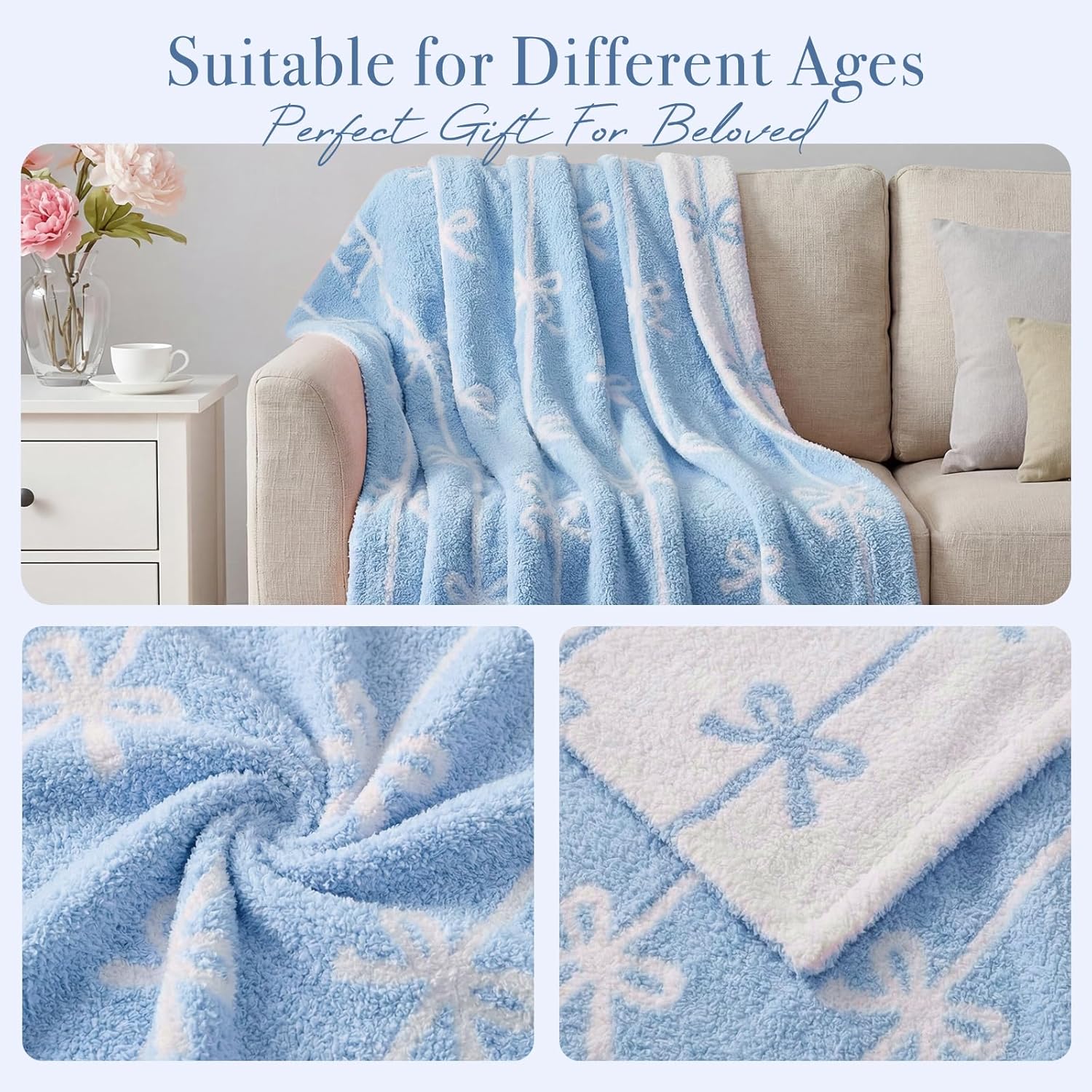 Wink Deer Blue Bow Throw Blanket - Soft Stripe Throw for Women Girls Teens Kids as Gifts Cozy Fuzzy Reversible Home Decor Blankets for Couch Sofa Bed Camping 50"x60"