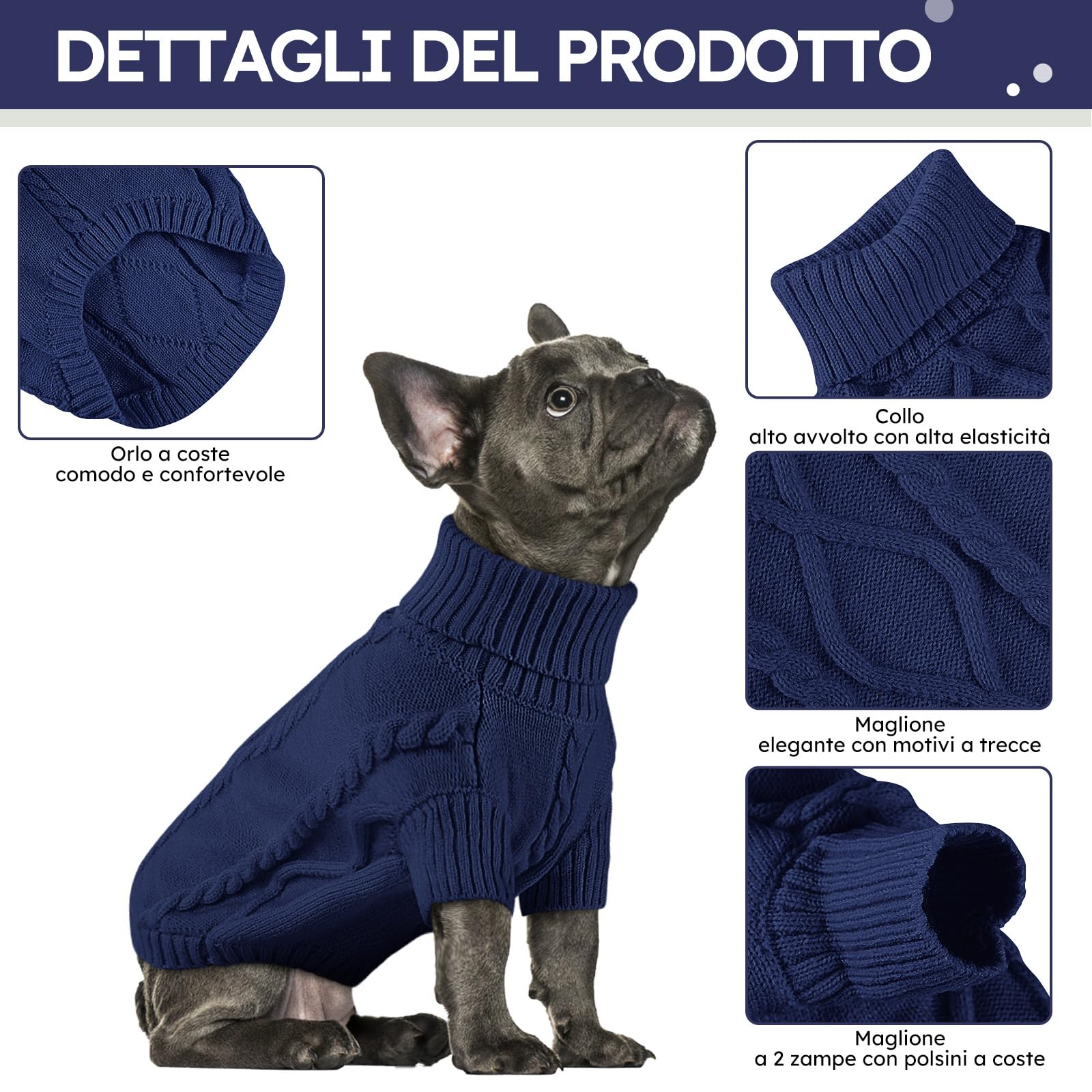 Queenmore Maglioncino Cane Taglia Piccola, Maglione Bassotto Caldo, Felpa A Collo Alto Ritorto, Vestiti Per Cani Gatti, Elastico Per Bulldog Francese Barboncino Chihuahua, Blu Scuro, S
