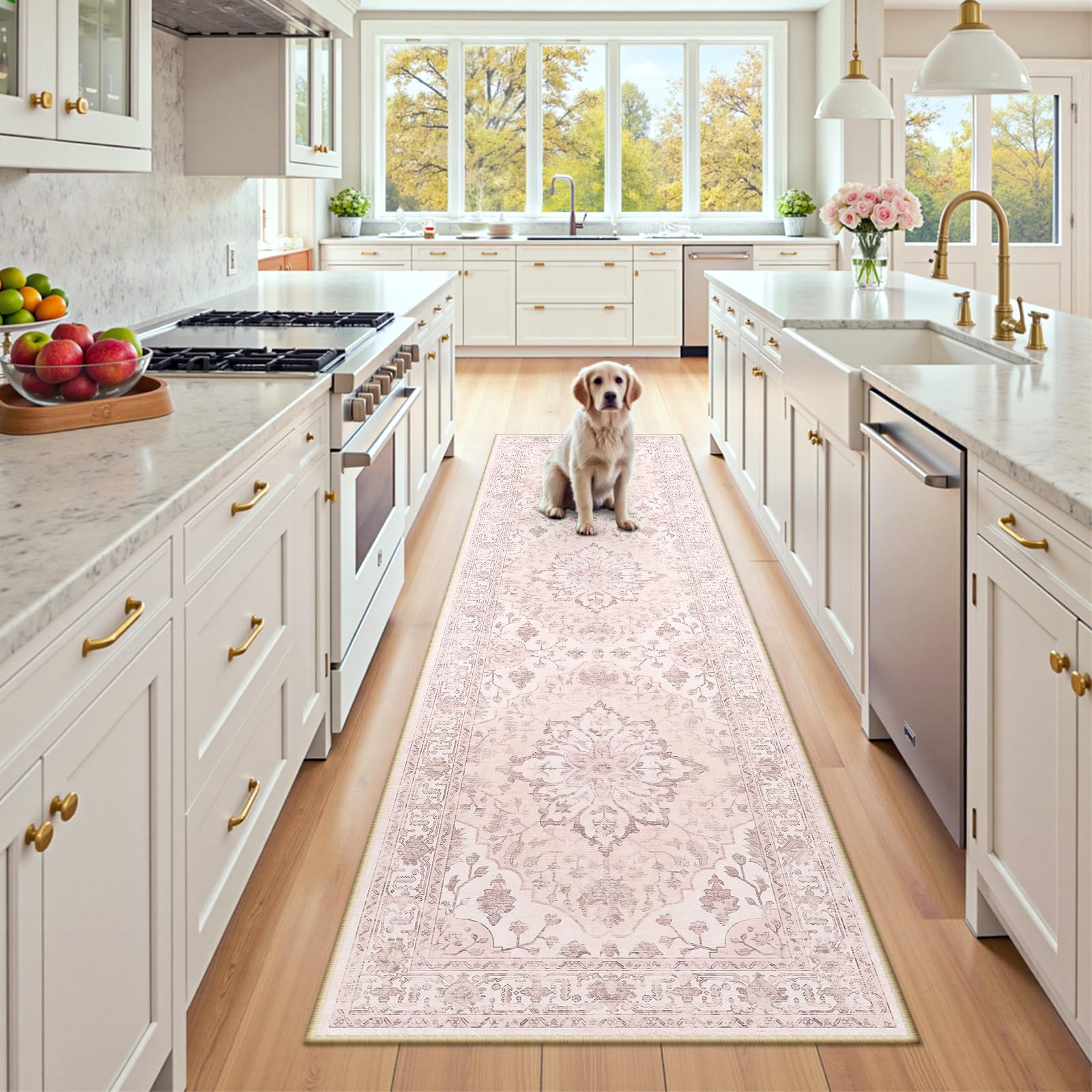 RELEANY Area Rugs 2'x8' Runner Rug Non Slip Washable for Kitchen Hallway Bedroom Beside Laundry Room Bathroom Rug, Floor Carpet, Pink Greypink Cute