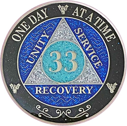 Miniatura 7 de (años 1-50) Medallón de purpurina plateado de recuperación AA de 47 años, arcoíris negro, azul, moneda de purpurina plateada, cubierta de epoxi (AA