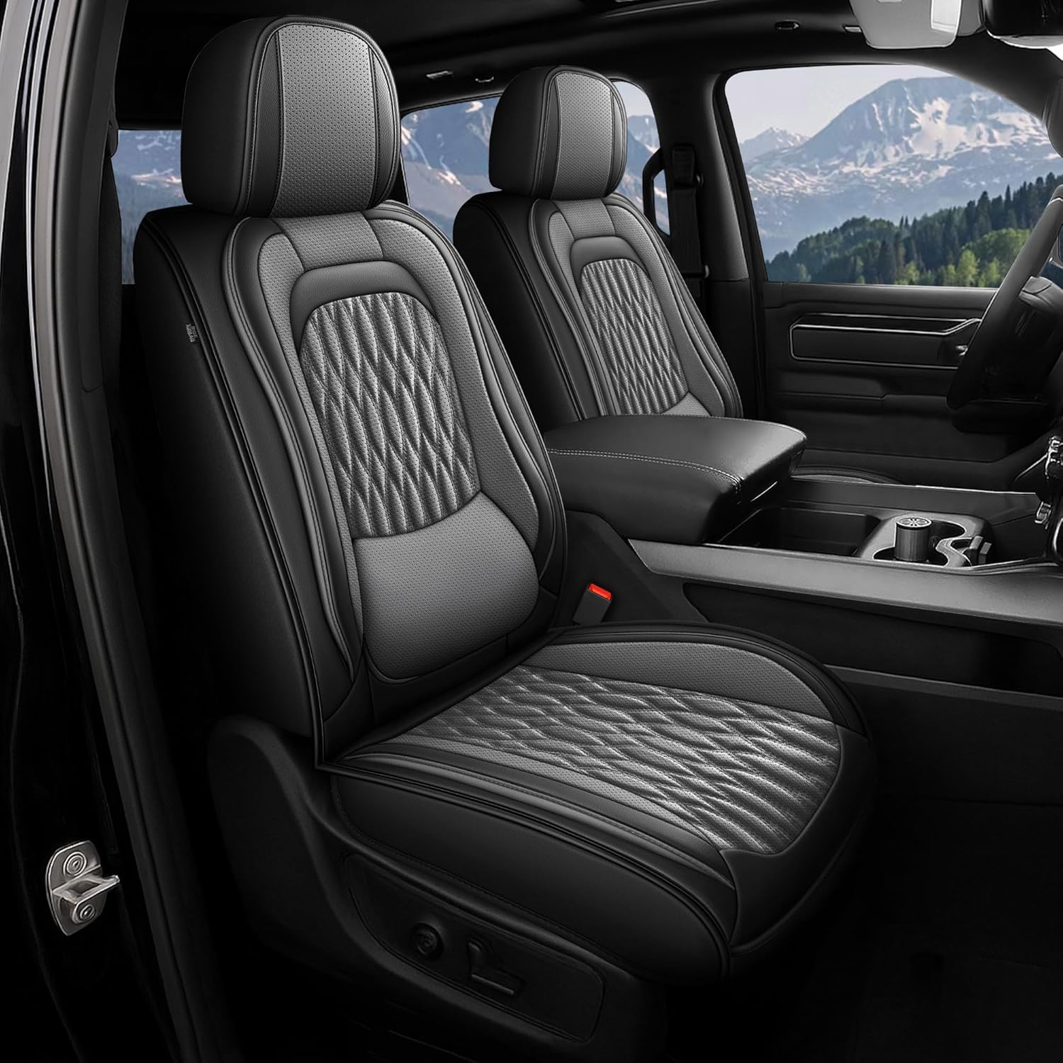 Full Dodge Ram 1500 Seat Covers, Seat Covers Dodge Ram 1500 2002-2026 Ram 2500 3500 Crew Quad Cab Classic Bighorn Longhorn Laramie Tradesman with Curved Bench Lumbar Support(5Seats,Black&Gray)