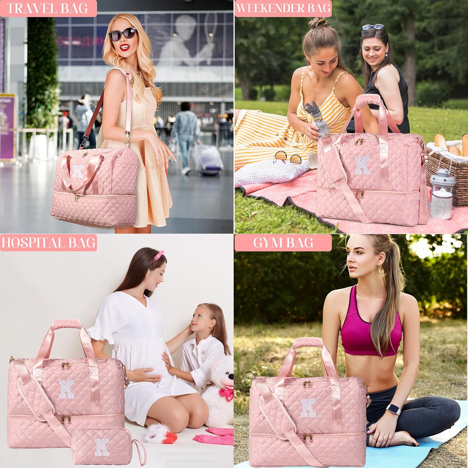 Personalized Initial Travel Bag, Quilted Duffle Bag, Weekender Bag for Women with Cosmetic Bag, Gym Bag with Shoe Compartment, Carry on Overnight Bag, Hospital Bag for Labor Delivery (Pink, K) - Image 6