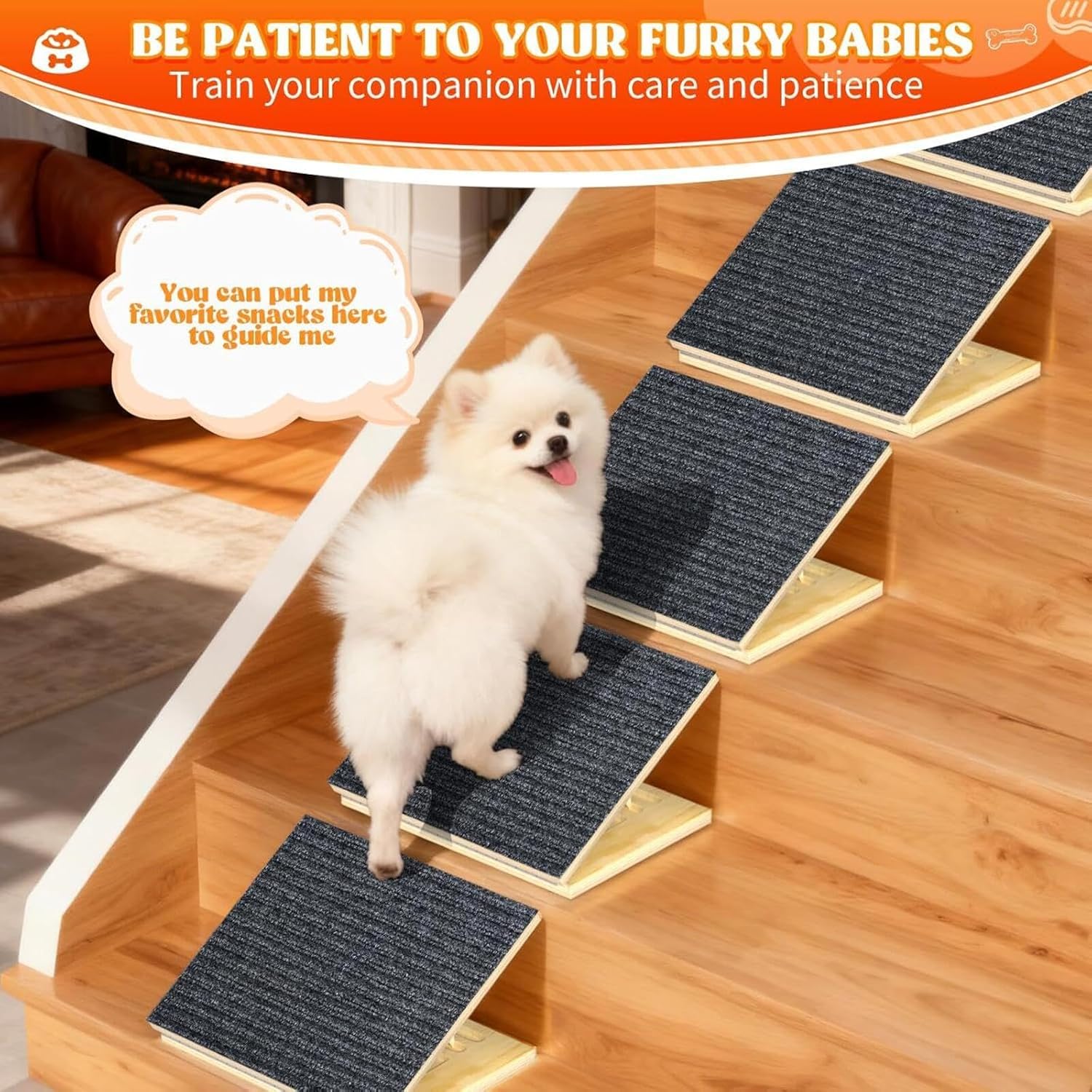 Dog Ramp for Stairs, 3Pcs Wooden Pet Steps for Small Dogs, Foldable Anti-Slip Stair Ramp for Senior, Short-Legged & Injured Pets, Adjustable Low-Angle Dog Stair Wedge