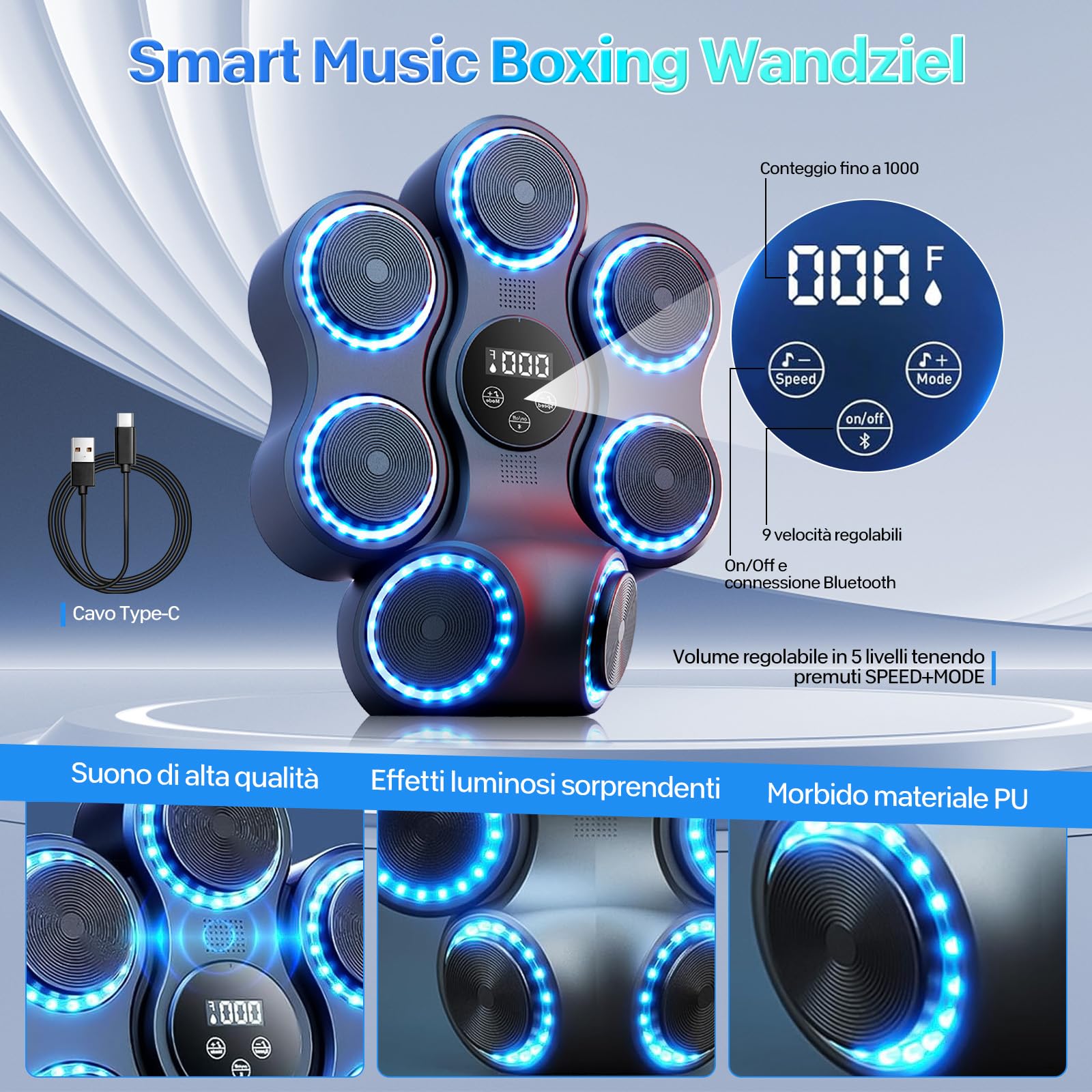 ZVD Music Boxing Machine,Tira Pugni da Muro con Musica,Machine Bluetooth da Boxe Elettronica con 11 modalità/velocità,Macchina di Boxe Musicale Intelligente per Adulti/Bambini