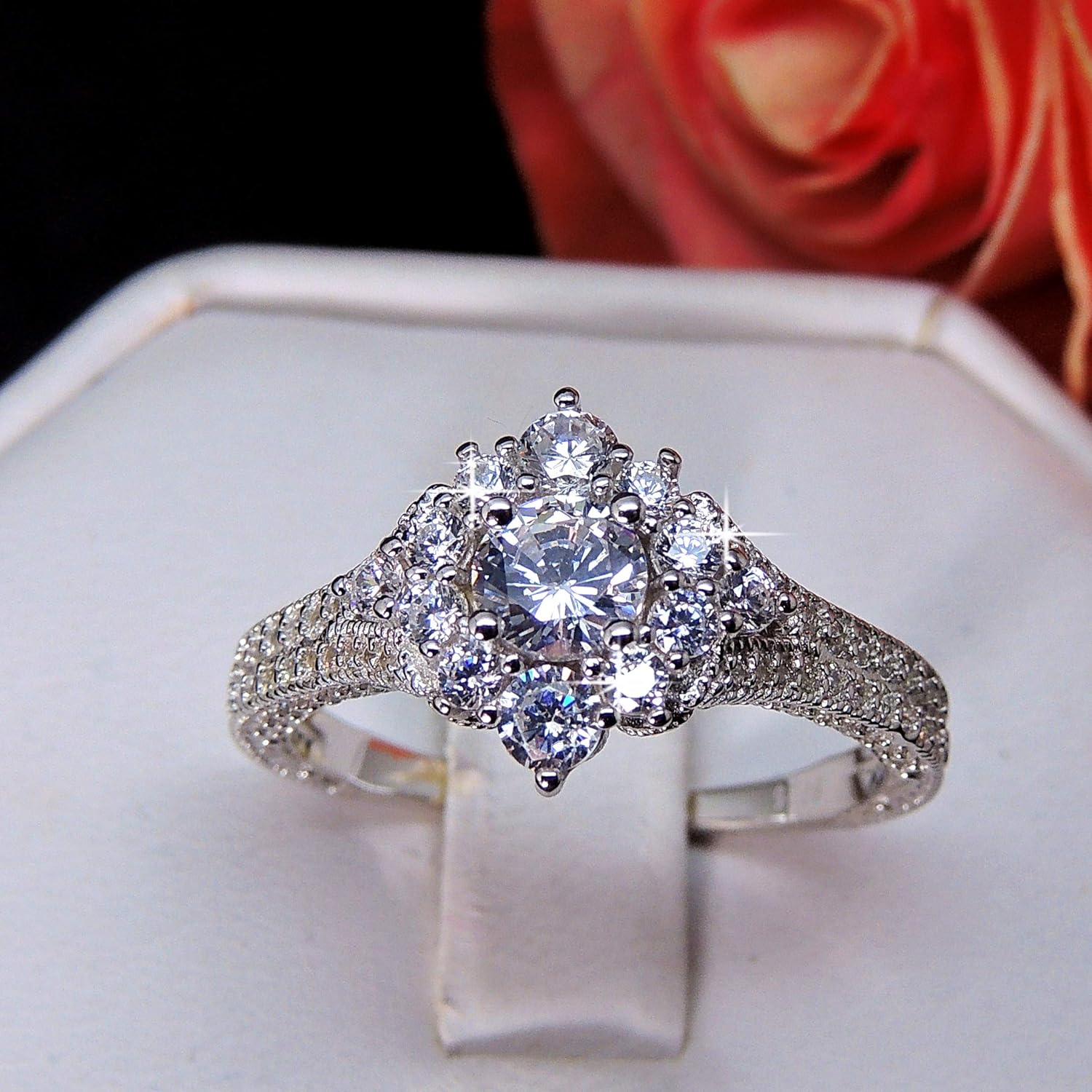 Selina Birthstone Engagement Ring for Women by Ginger Lyne | Sterling Silver Cluster Style Wedding Ring for Her | Clear Red or Purple Cubic Zirconia | Statement or Bridal Jewelry