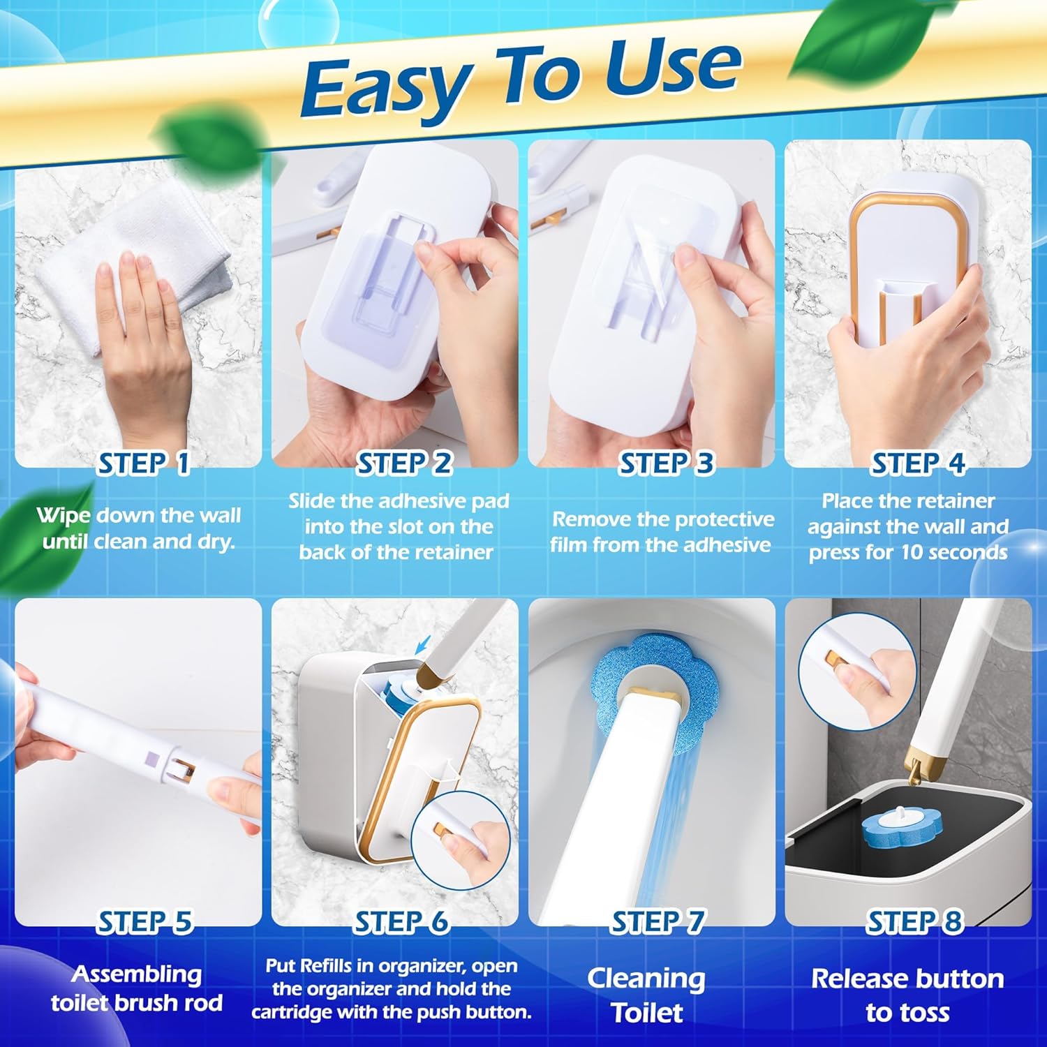 Disposable Toilet Cleaning Brush - Toilet Bowl Cleaner Wand and Holder Set with 2 Holders and 60 Refills, Wall Mounted Clean Stick Brush Heads Kit for Bathroom Bathtub Cleaning System