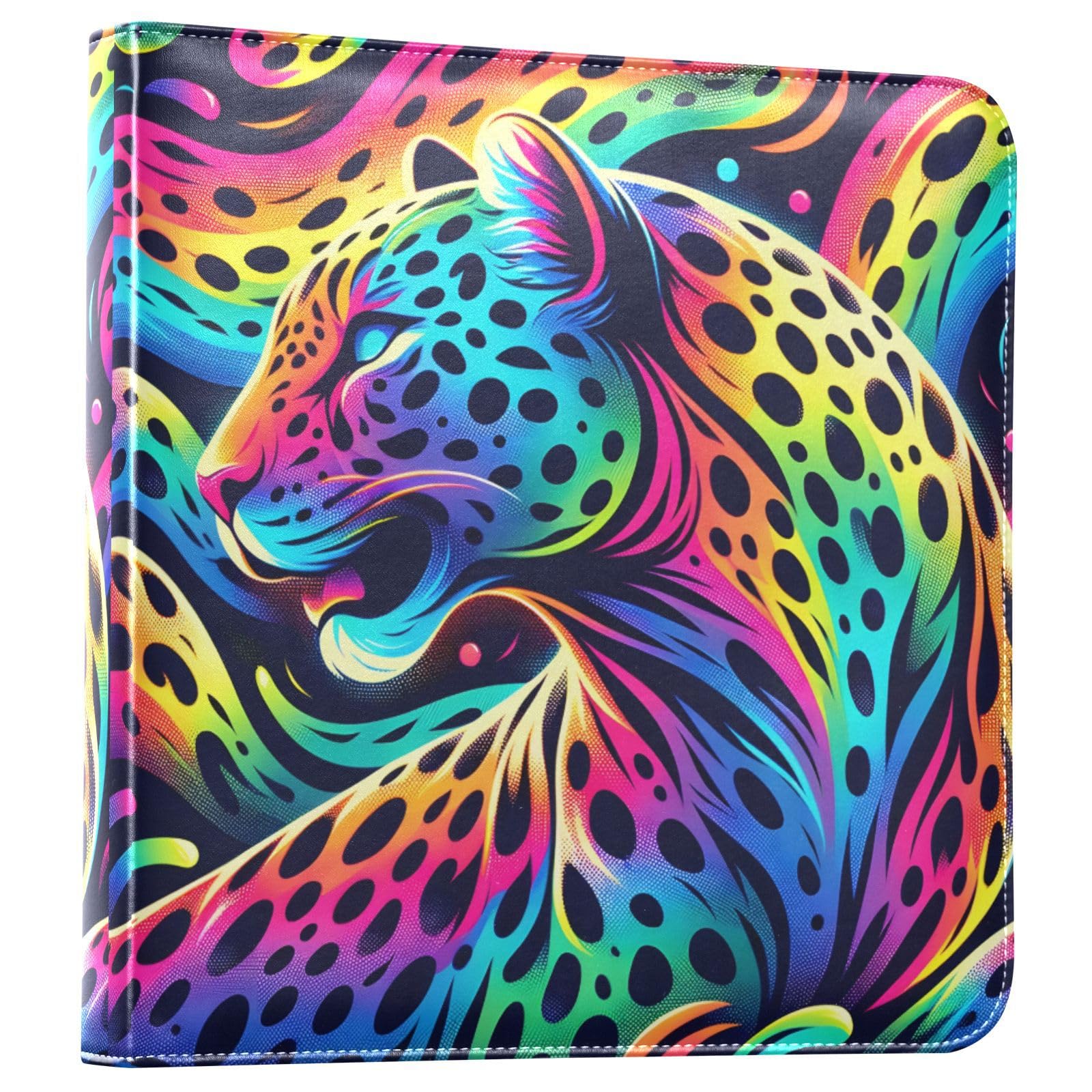 JIPONI Rainbow Leopard Large Photo Album, DIY Leather Cover Scrapbook Albums for 4x6 5x7 6x8 Pictures, Self Adhesive Memory Book for Wedding, Baby, Family