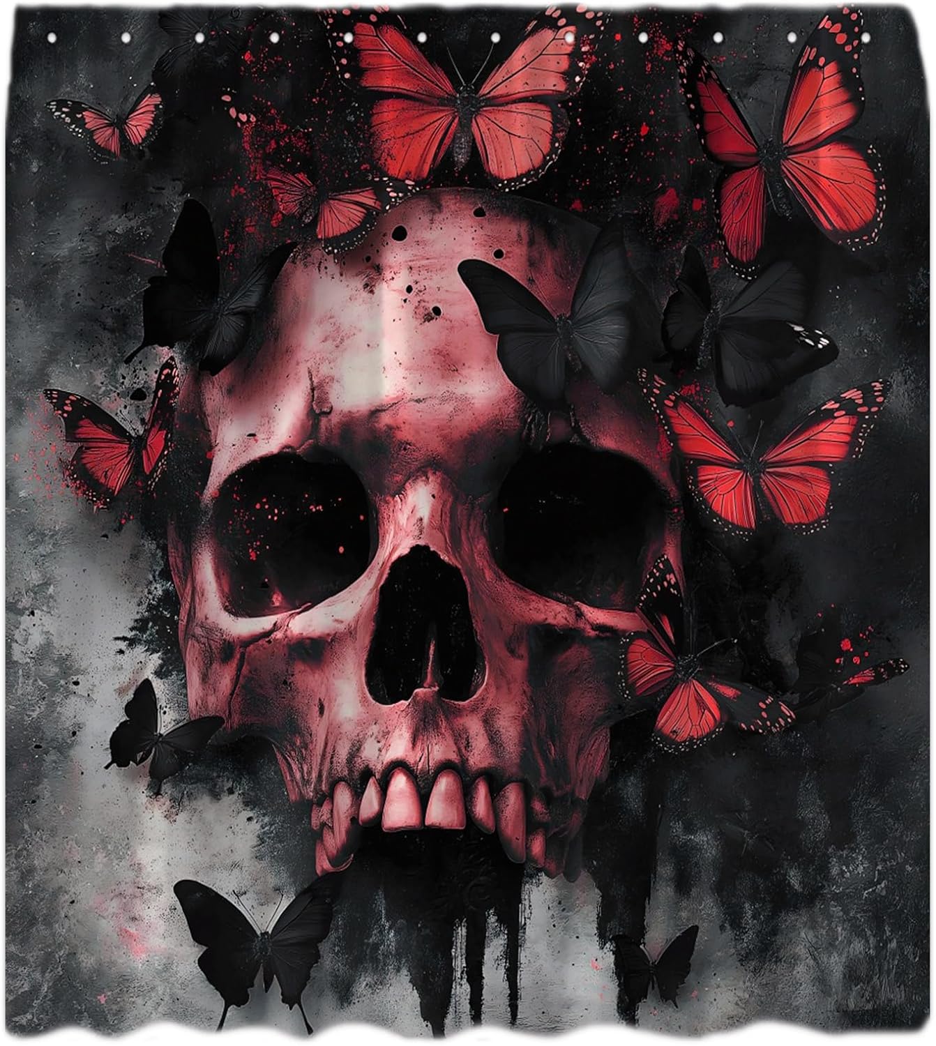 Skull Butterfly Shower Curtain Red Gothic Skeleton Halloween Vintage Spooky Gothic Black Horror Creepy Scary Dead Fabric Bath Curtain with Hook