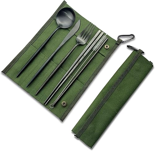 Miniatura 14 de JASHII Juego de cubiertos reutilizables con cuchillo, tenedor, cuchara, palillos, 7 piezas de vajilla portátil de acero inoxidable 304 de viaje