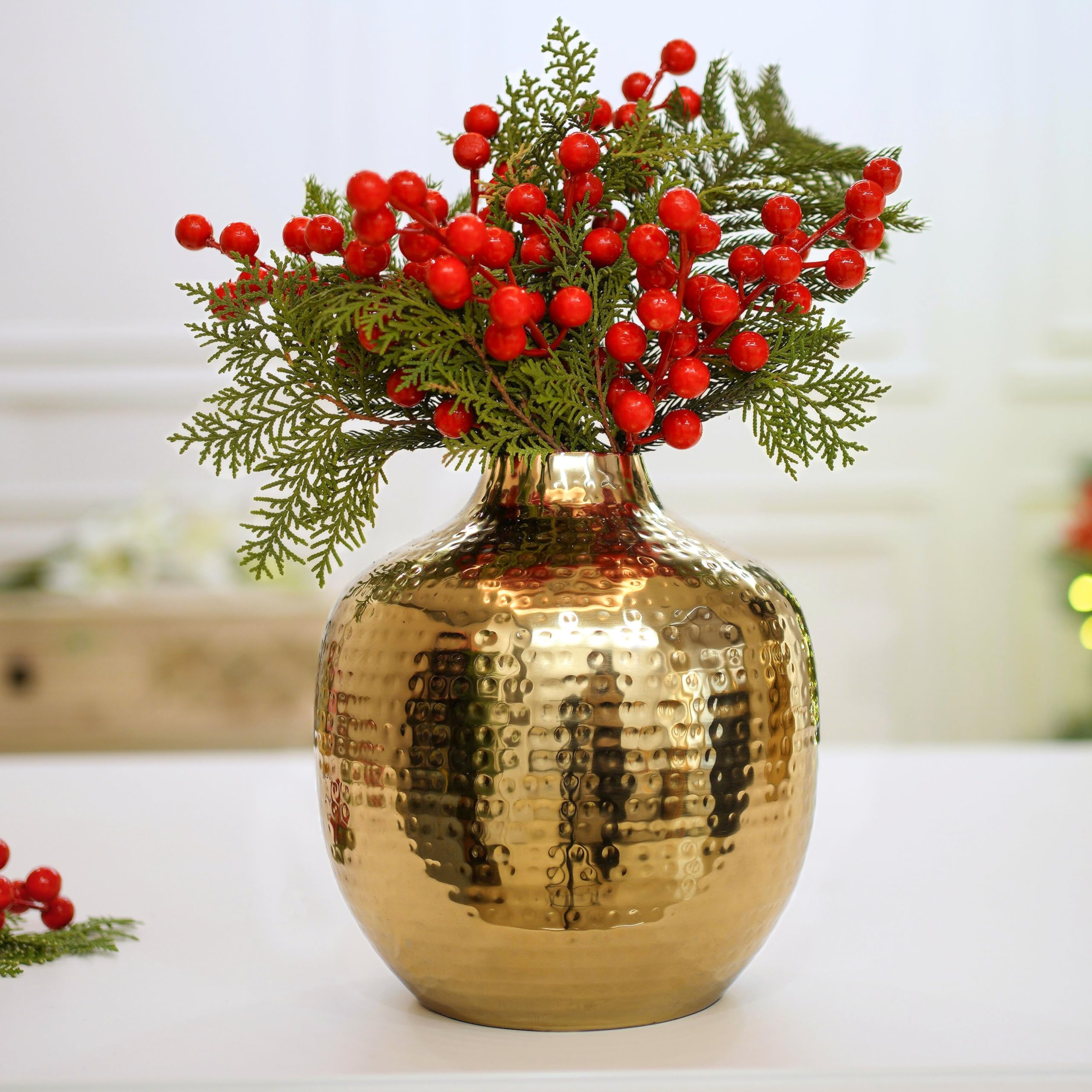 BEHOMA Metal Hammered Bud Round Shape Vase for Home Decor Decoratives for Indoor Outdoor Living Room Balcony | Best Gift for Birthday Anniversary Festival | Golden 1 Large Pcs