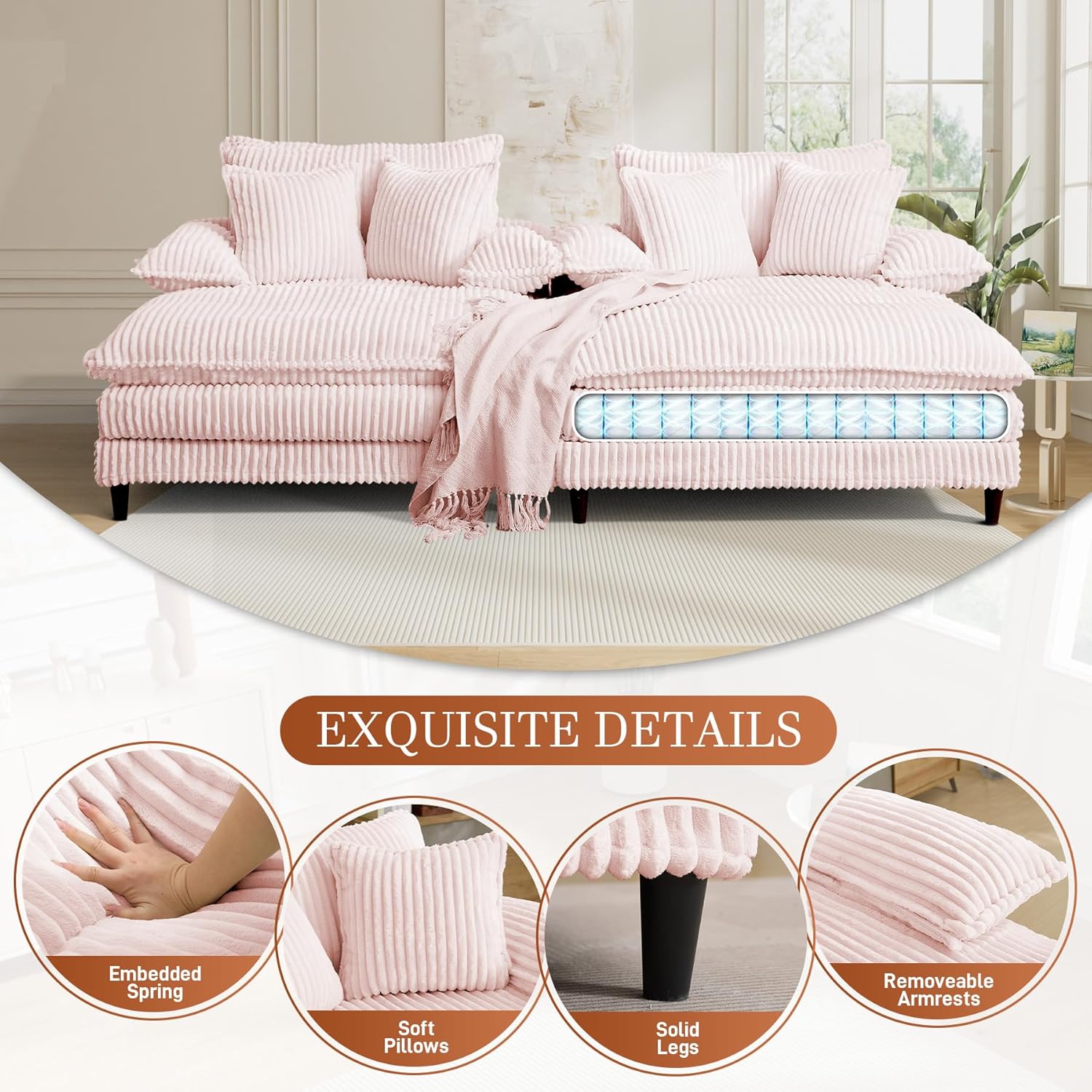 Rophefx 101" W Oversized Double Chaise Lounge Chair Indoor, Upholstered Corduroy Sofa Couch with 6 Pillows, 90°-180°Adjust, Fluffy Reading Chair, Cloud Sleeper Sofa Bed for Living Room Bedroom, Pink
