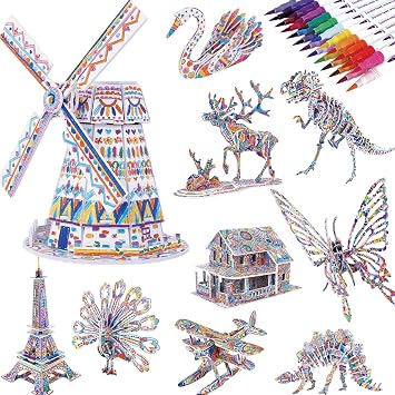 BEARUN 3D Coloring Puzzle Set, Arts and Crafts for Girls and Boys Age 6 7 8 9 10 11 12 Year Old, Fun Educational Painting Crafts Kit with Supplies for Kids, Birthday Toy Gift for Kids