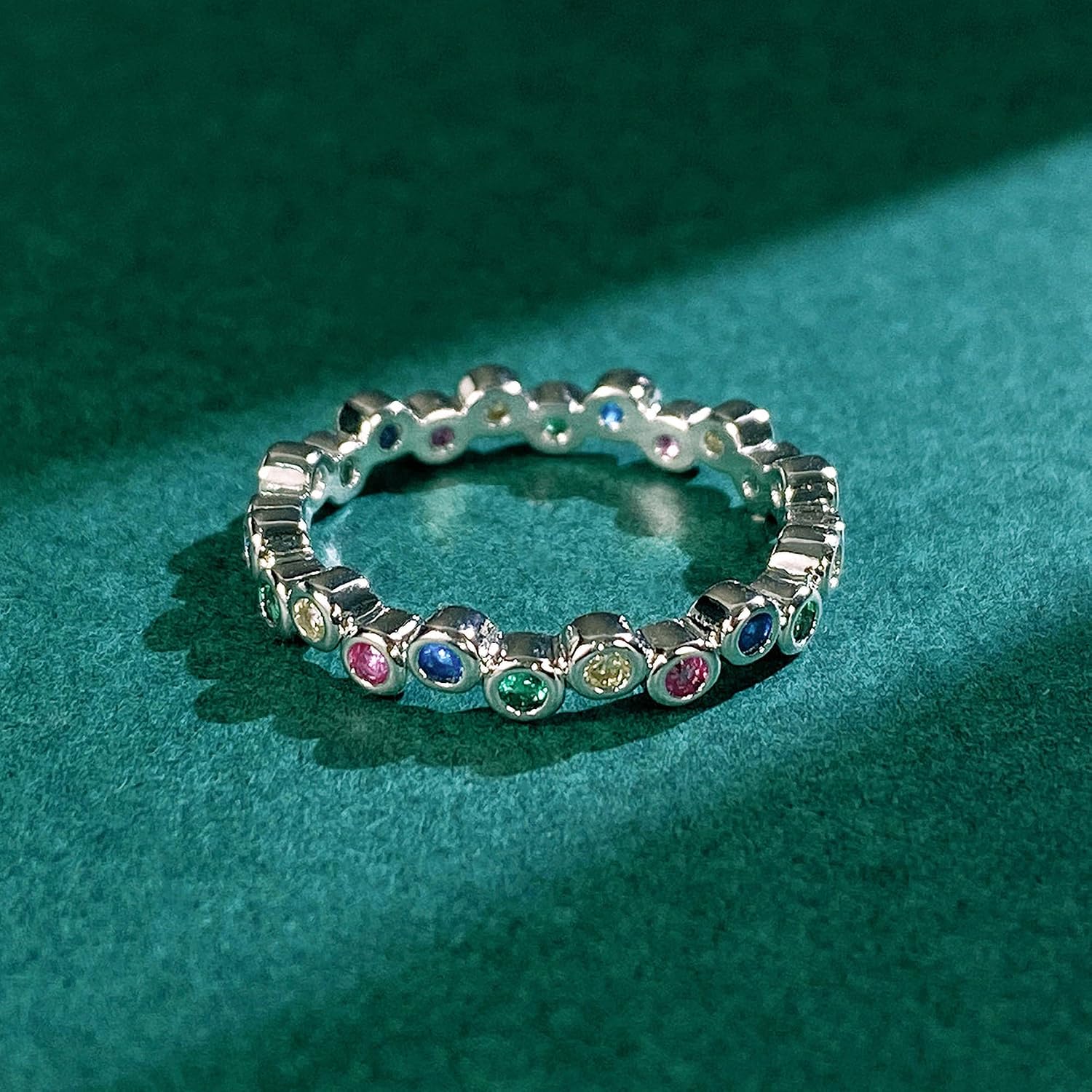 925 Sterling Silver Rainbow Birthstone Eternity Rings for Women Dainty Colorful Simulated Diamond CZ Stackable Ring Wedding Bands Ring Jewelry Christmas Birthday Gifts to Daughter